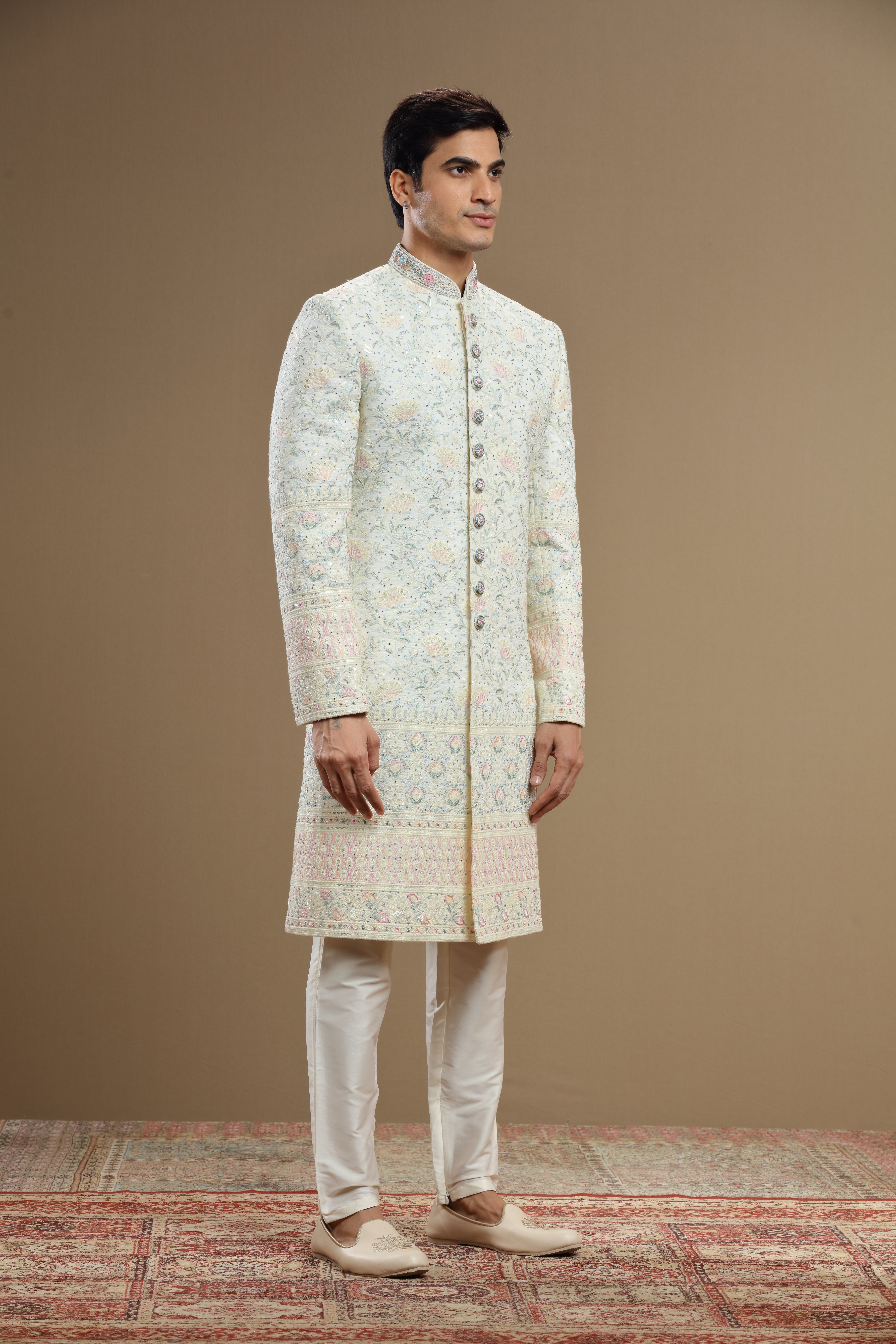 Multi color embroidered Silk floral sherwani set - Shreeman