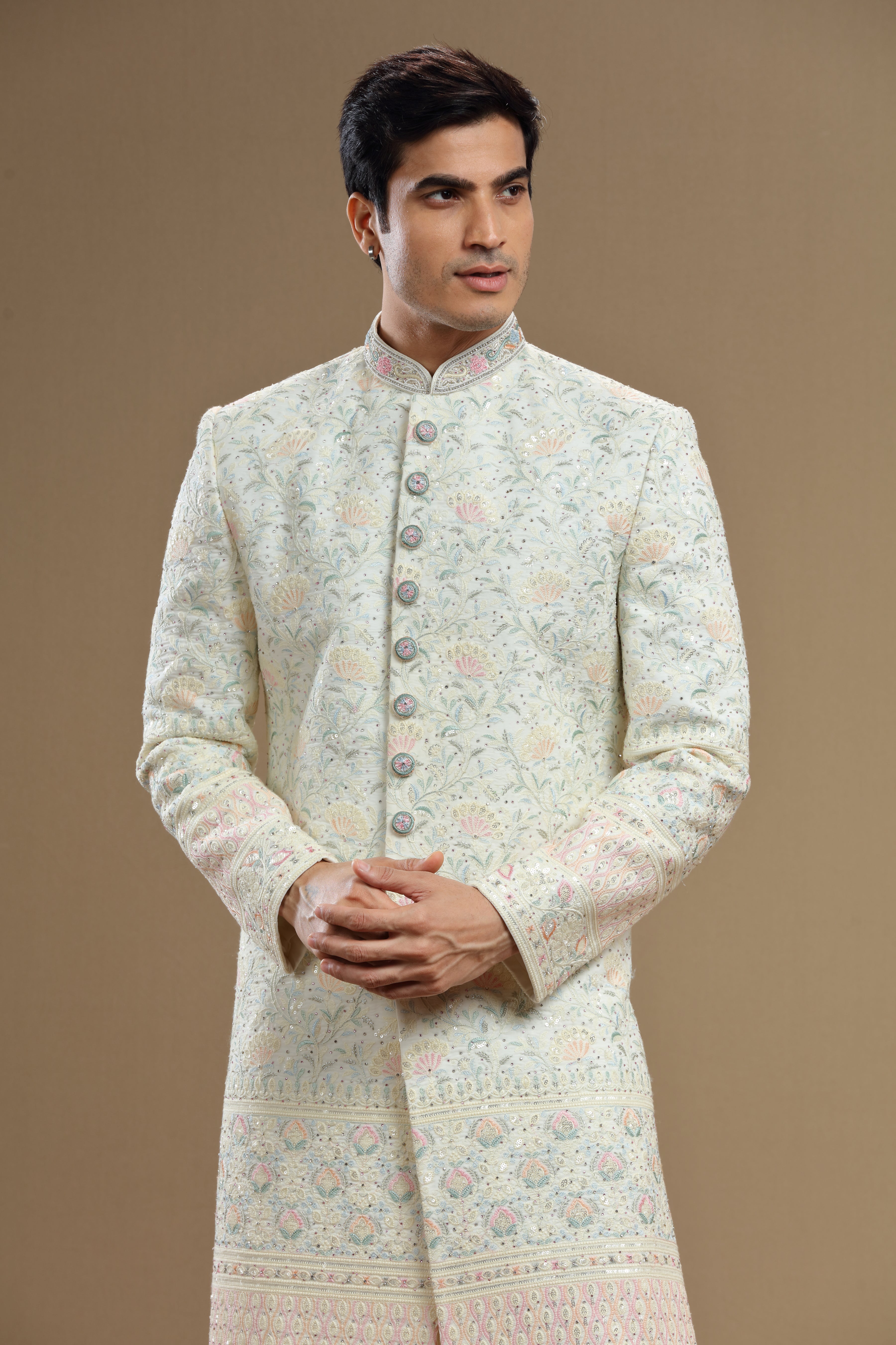 Multi color embroidered Silk floral sherwani set - Shreeman