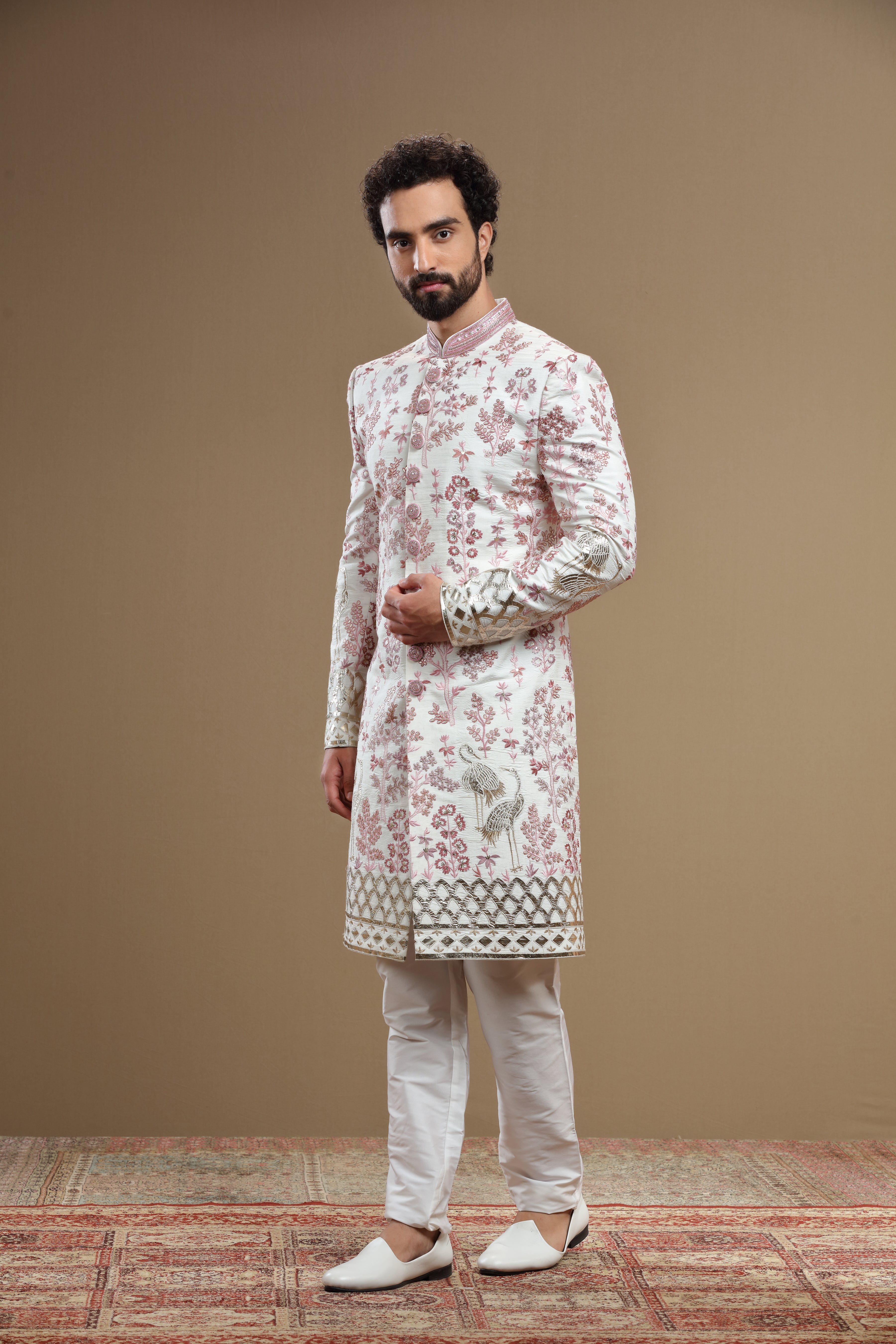 Ivory Embroidered sherwani in flora and fauna motif - Shreeman