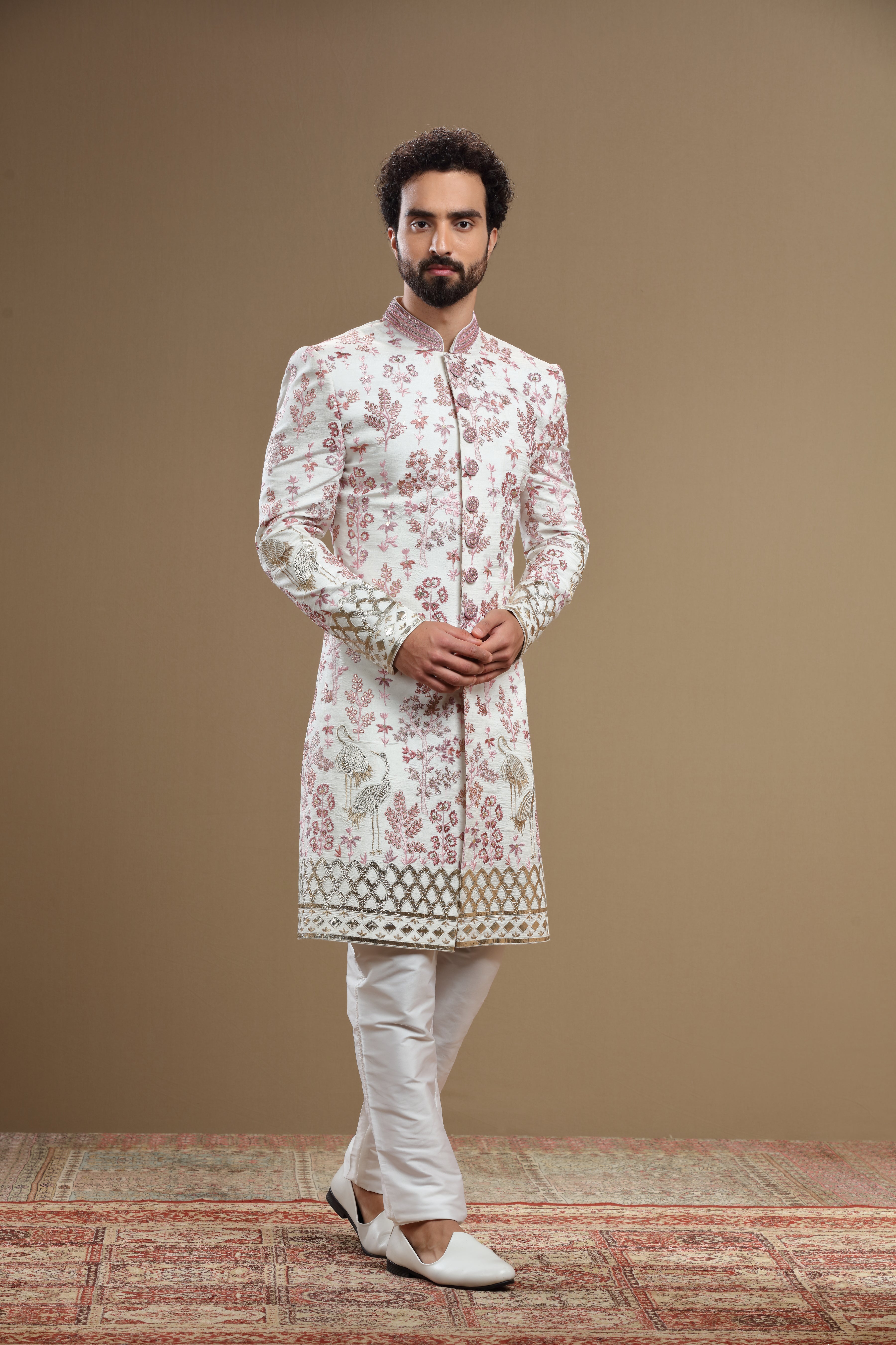 Ivory Embroidered sherwani in flora and fauna motif - Shreeman