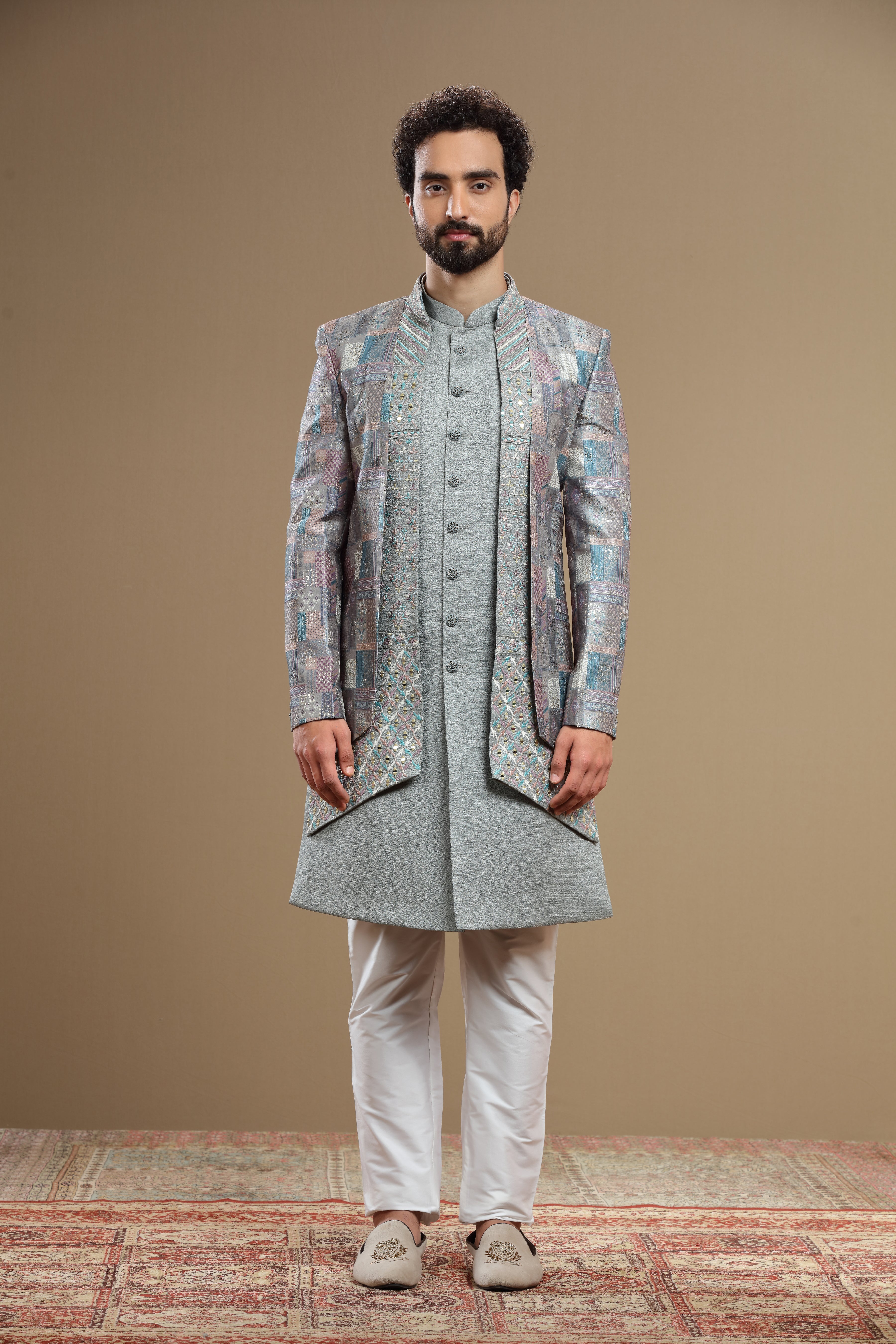Grey Silk indowestern set in geometric embroidery - Shreeman