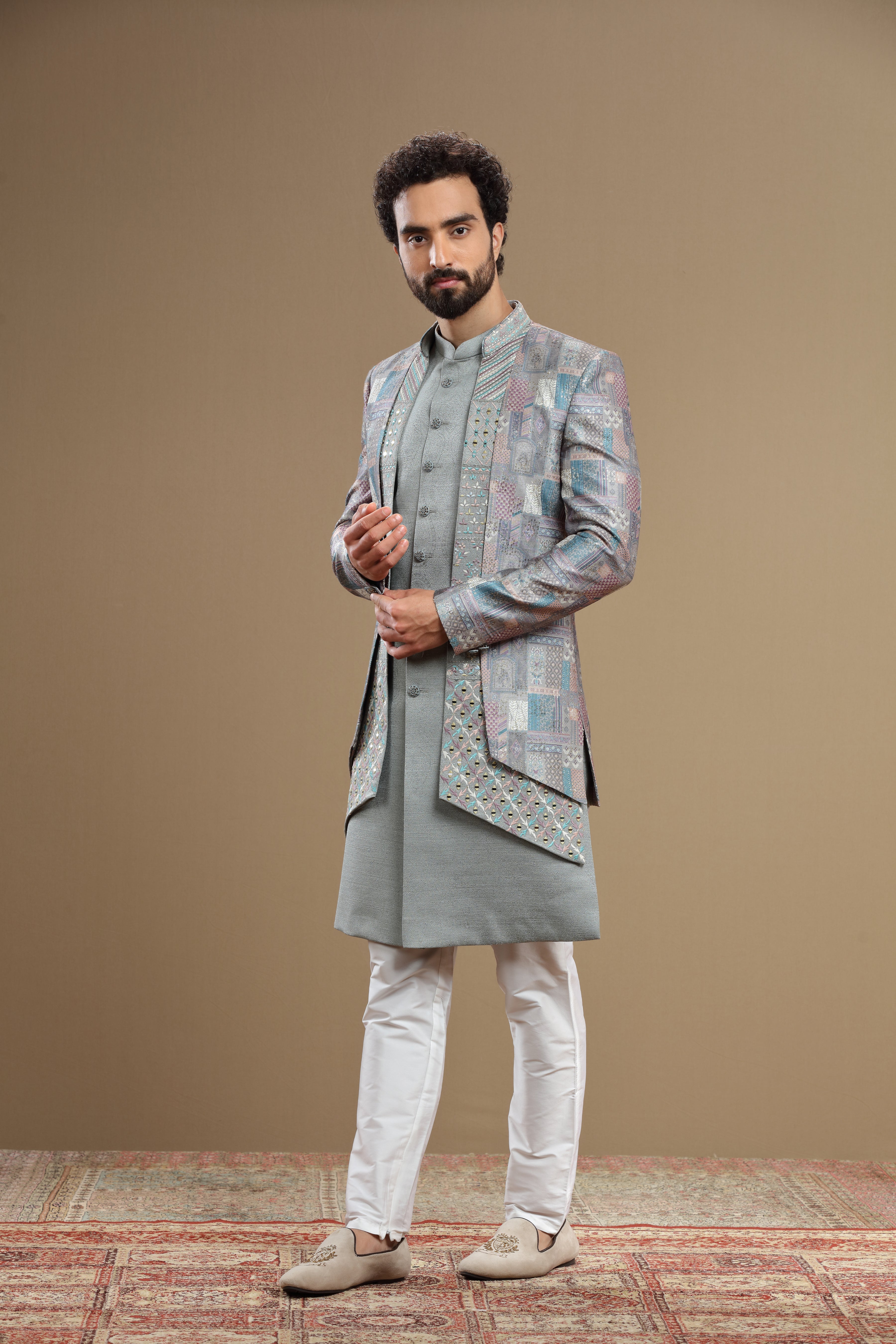 Grey Silk indowestern set in geometric embroidery - Shreeman