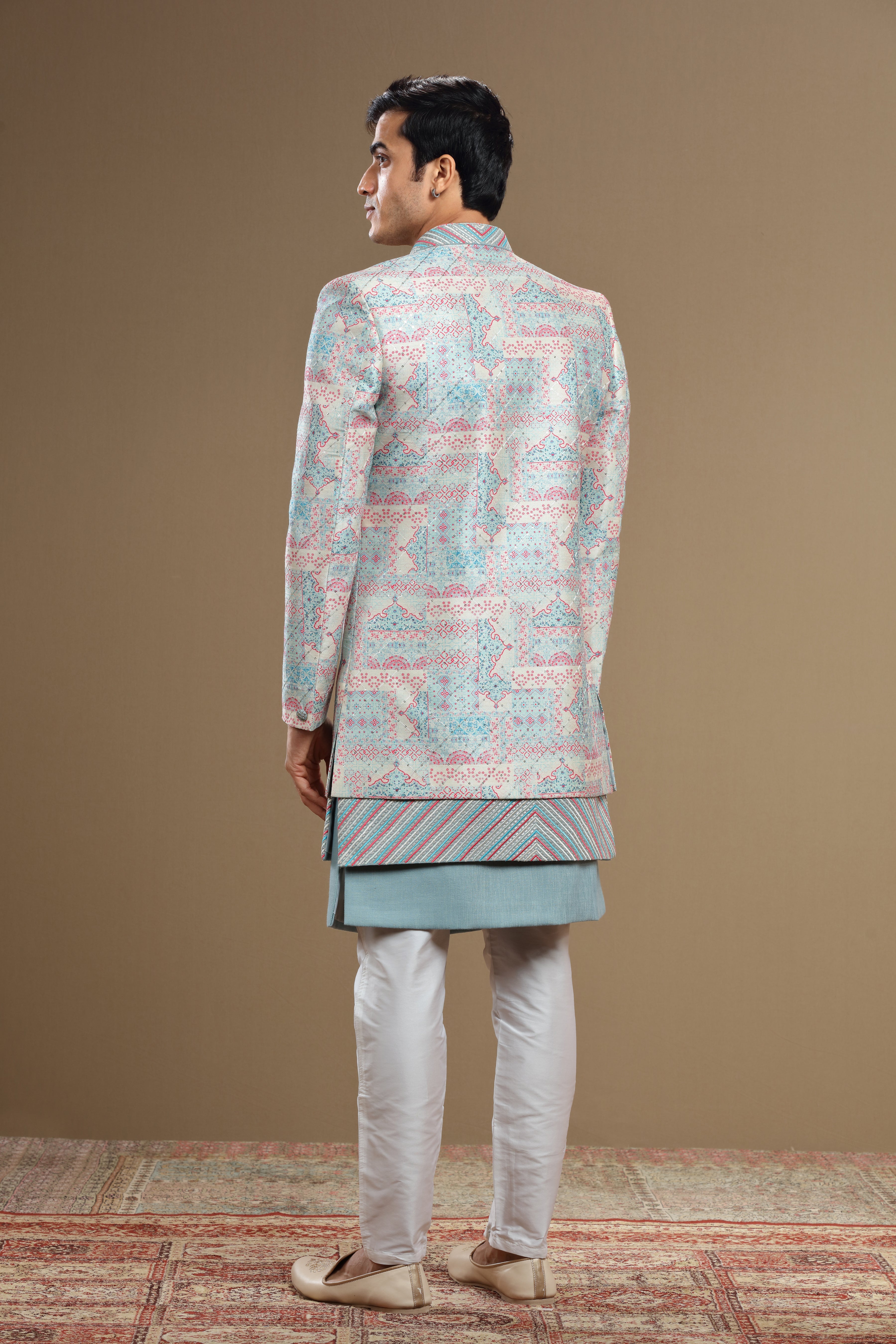 Blue Embroidered Silk jacket Set - Shreeman