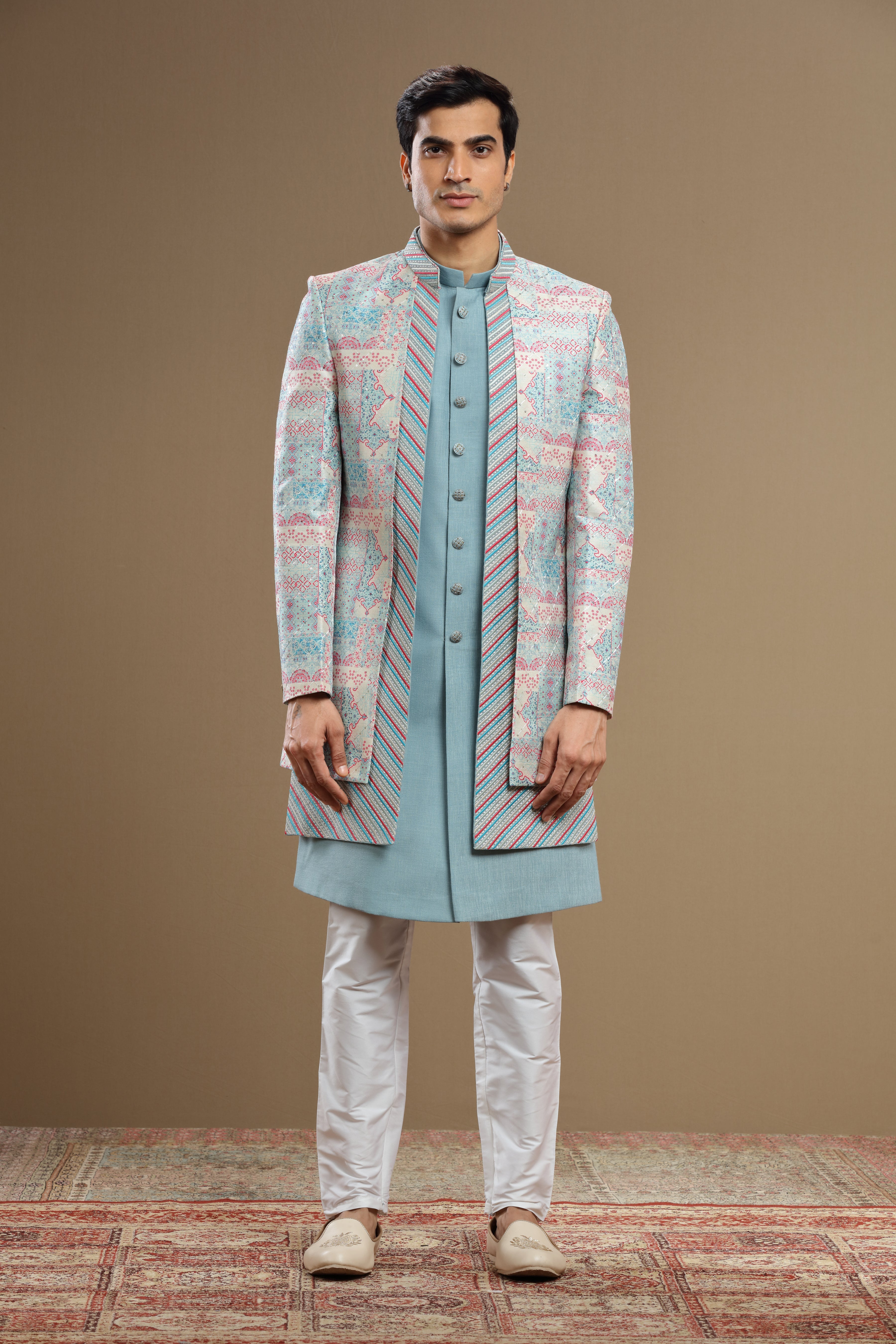 Blue Embroidered Silk jacket Set - Shreeman