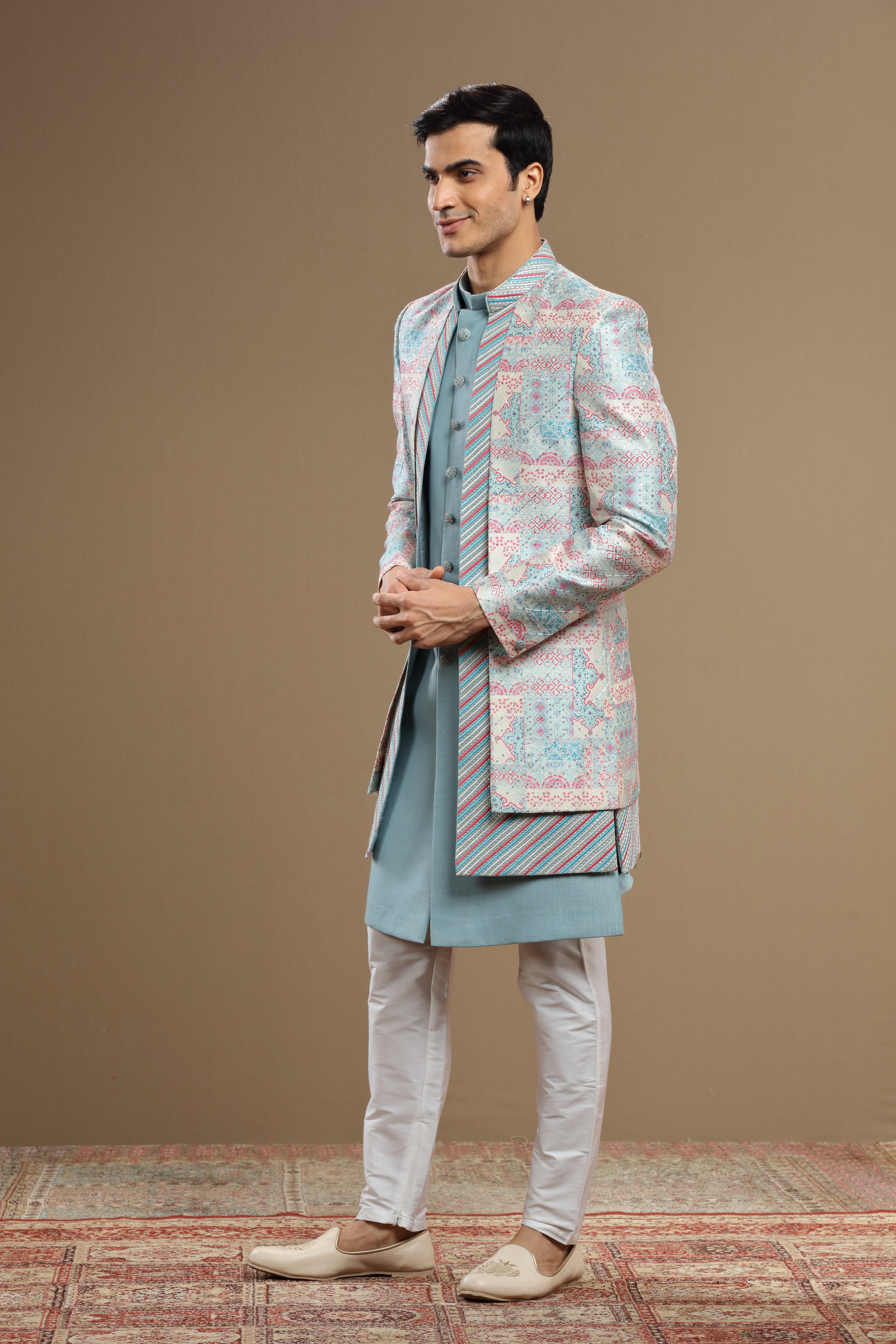 Blue Embroidered Silk jacket Set - Shreeman