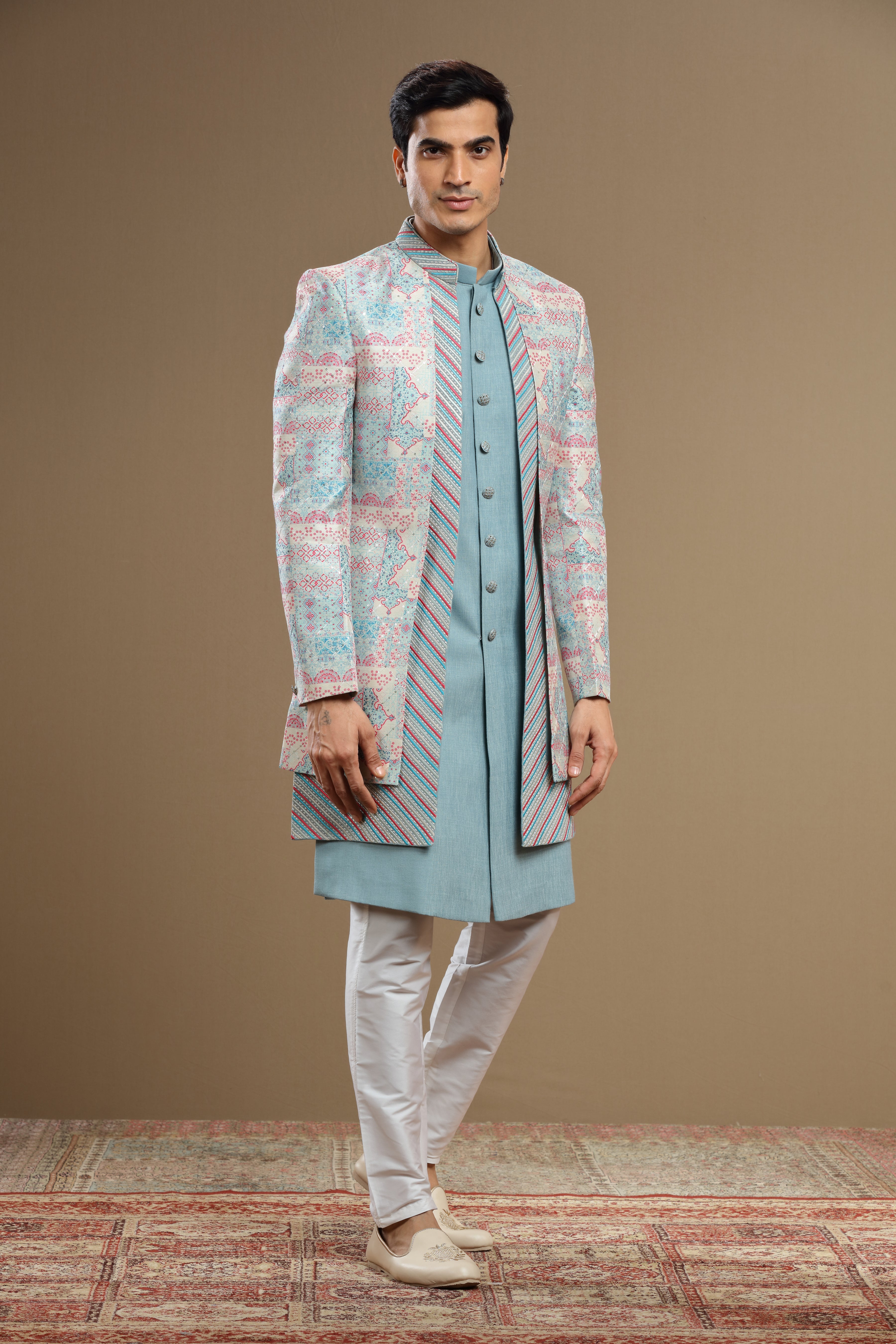 Blue Embroidered Silk jacket Set - Shreeman