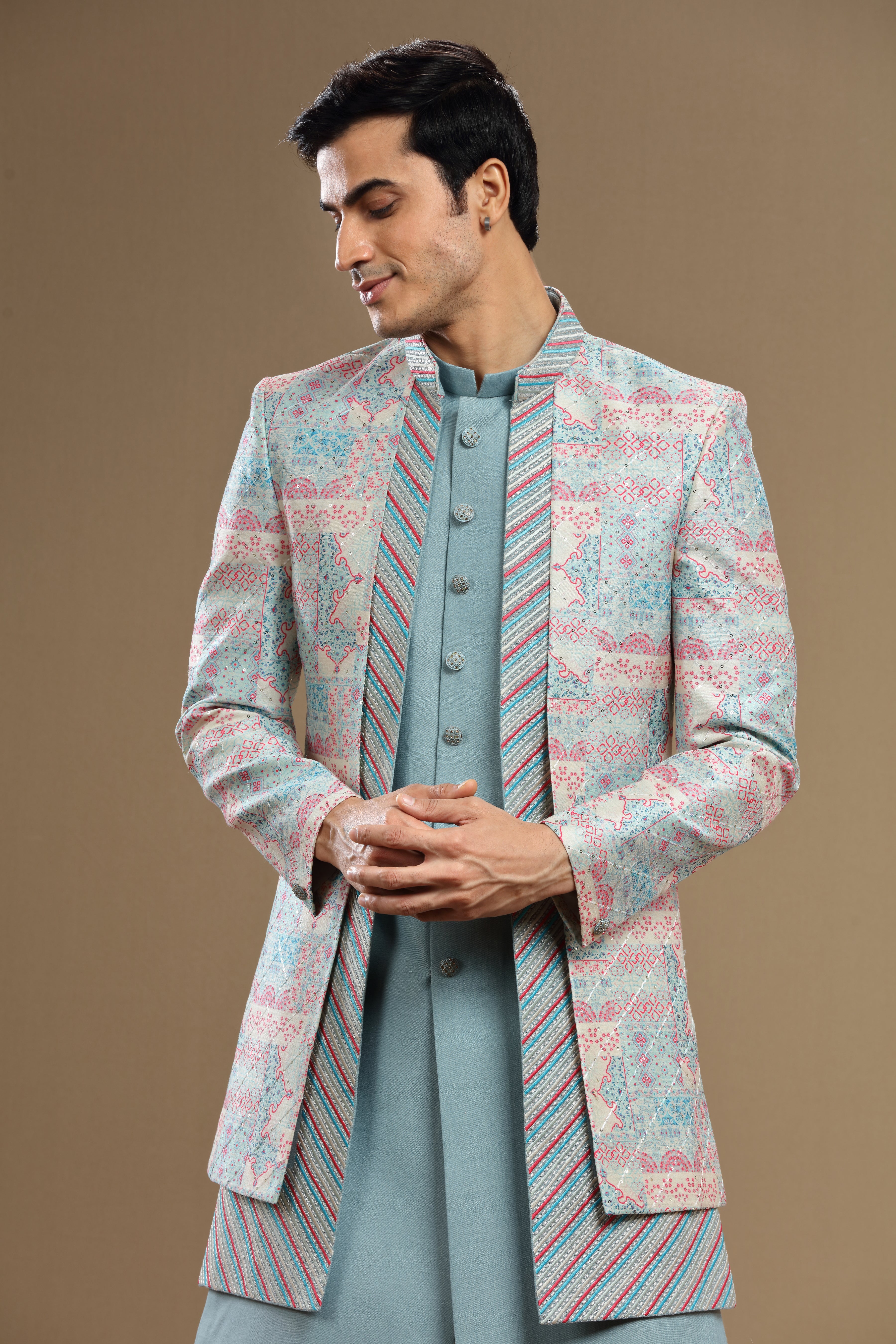 Blue Embroidered Silk jacket Set - Shreeman