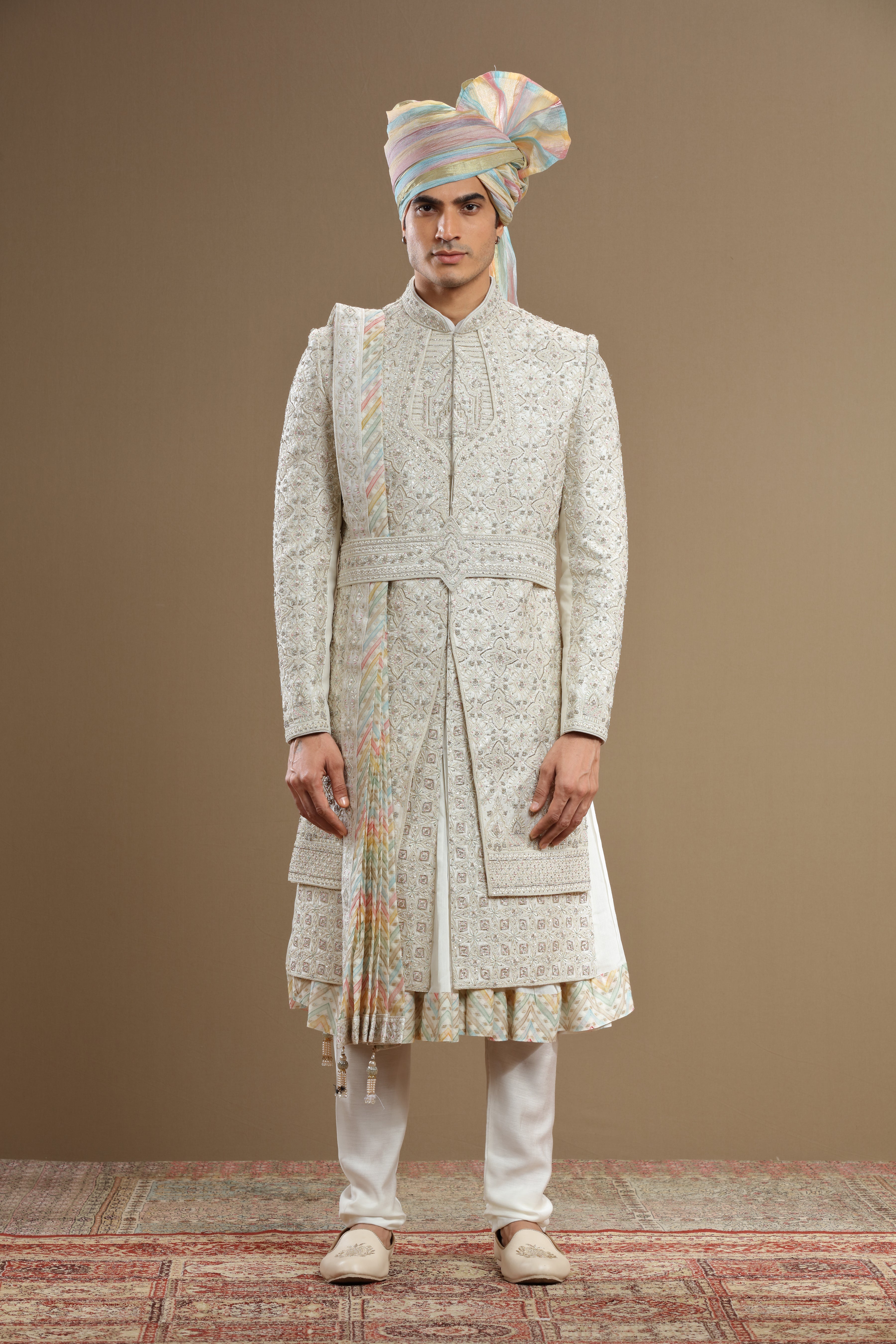 Ivory silk hand embridered sherwani set - Shreeman