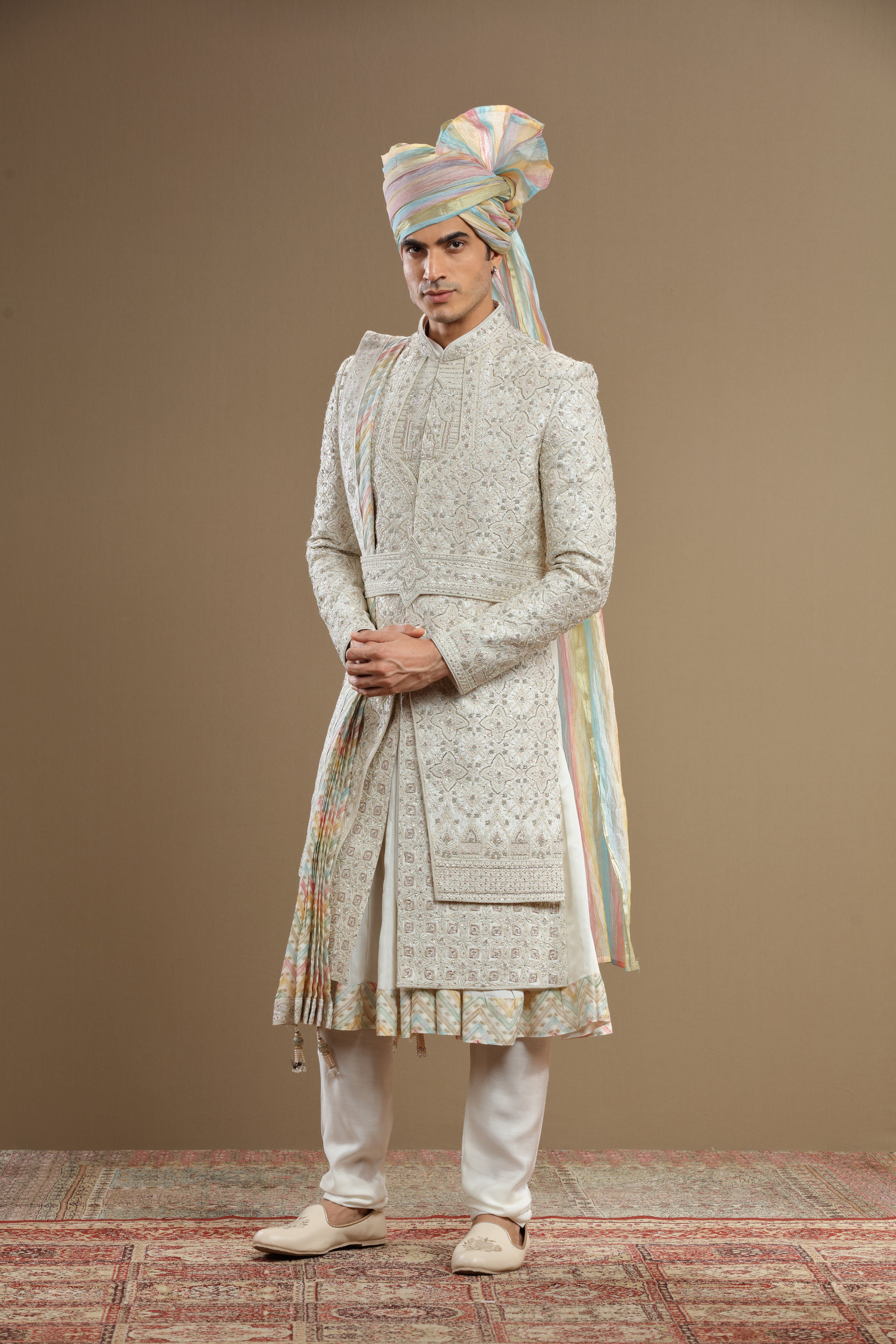 Ivory silk hand embridered sherwani set - Shreeman