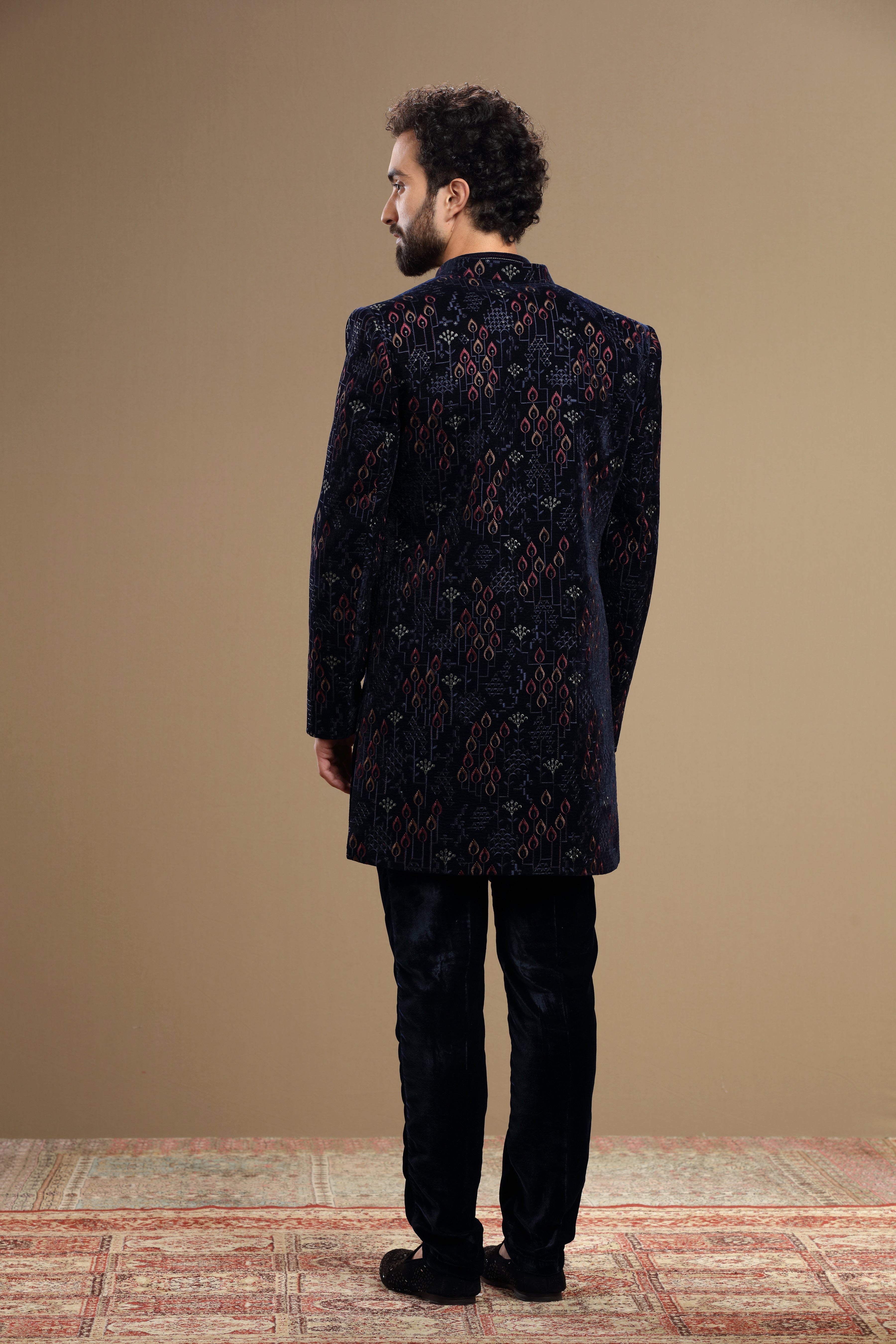Dark blue velvet indowestern embroidered in resham work - Shreeman