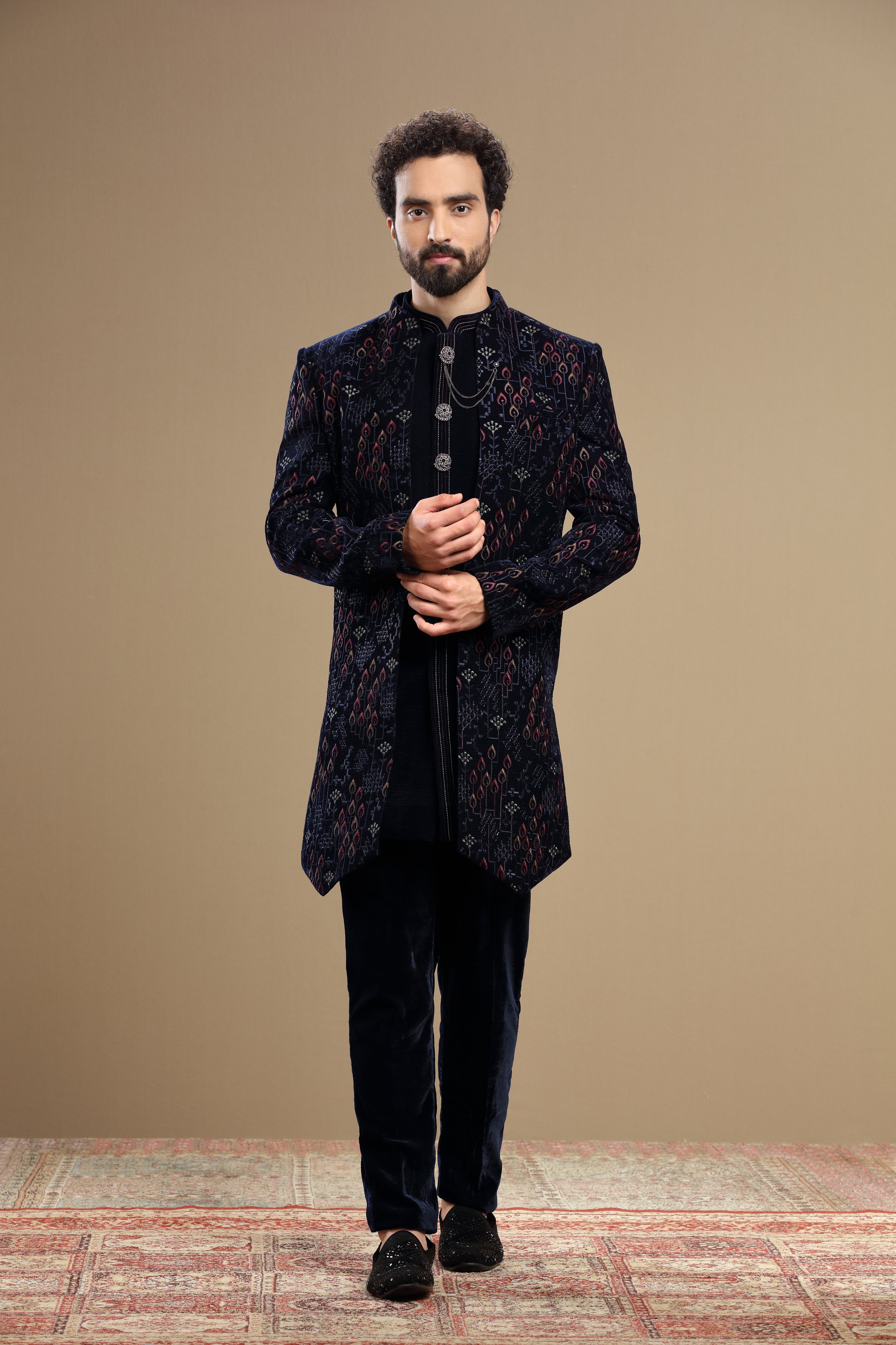 Dark blue velvet indowestern embroidered in resham work - Shreeman