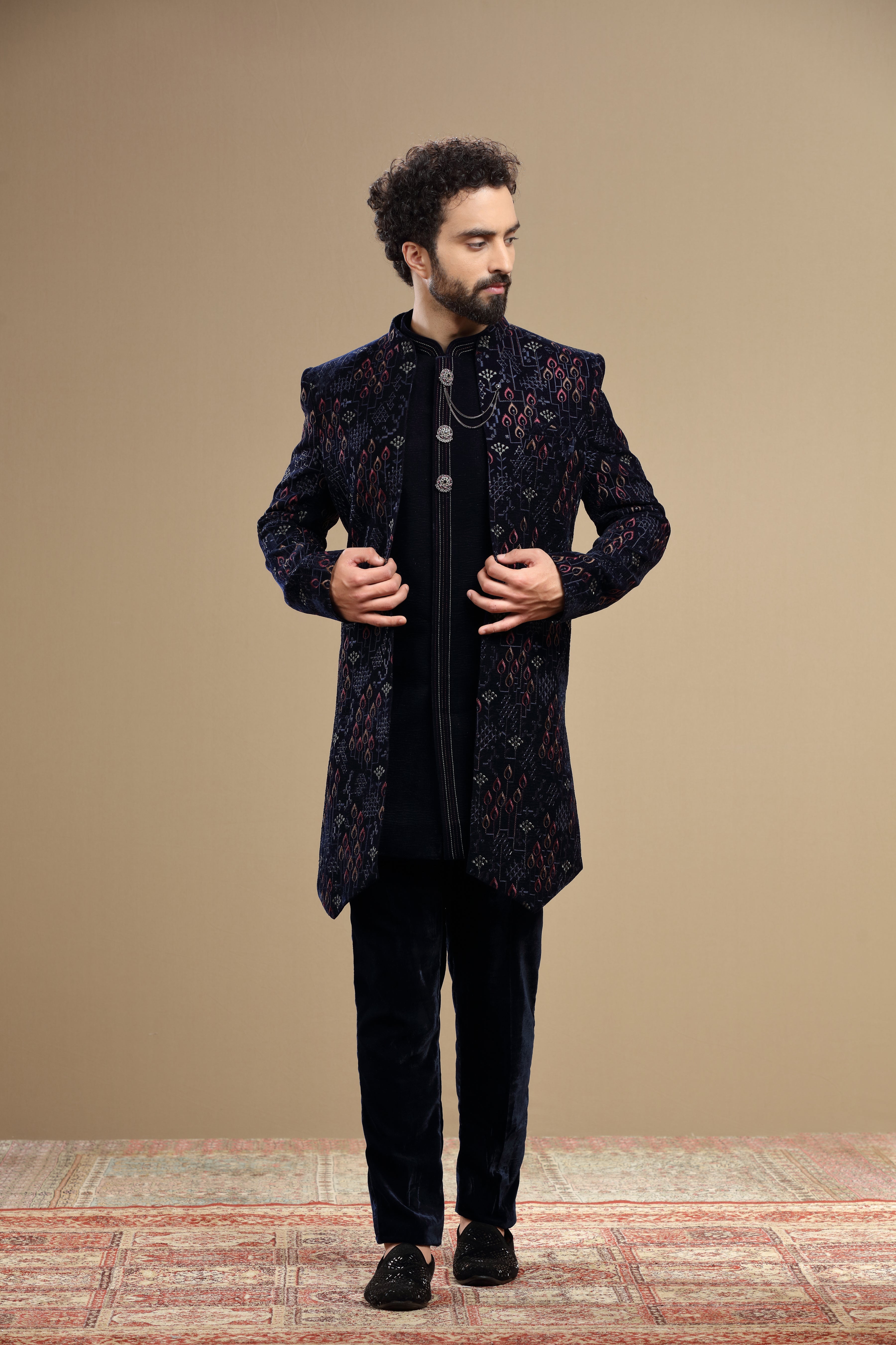 Dark blue velvet indowestern embroidered in resham work - Shreeman