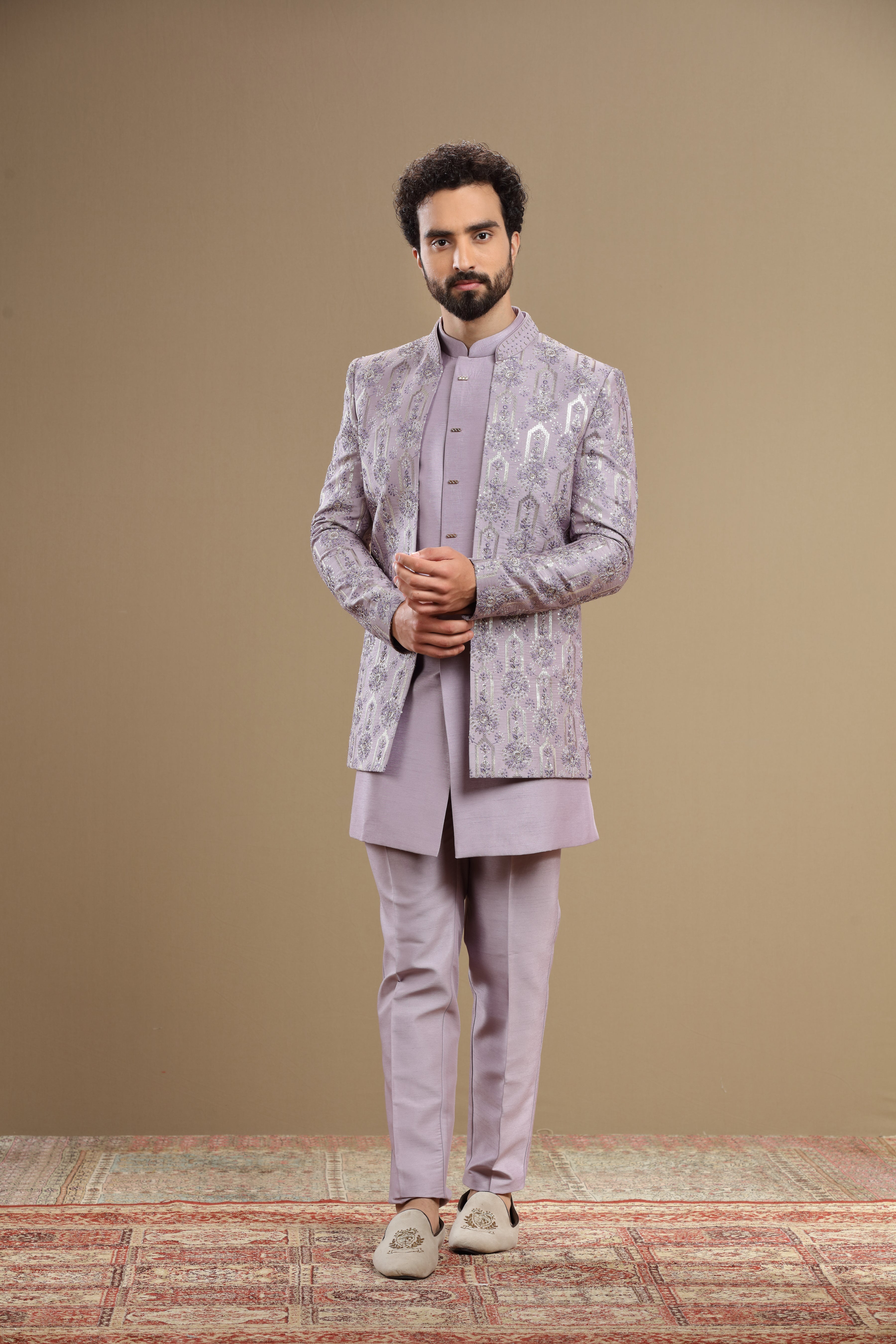 lilac indowestern Hand embroidered in floral motif - Shreeman