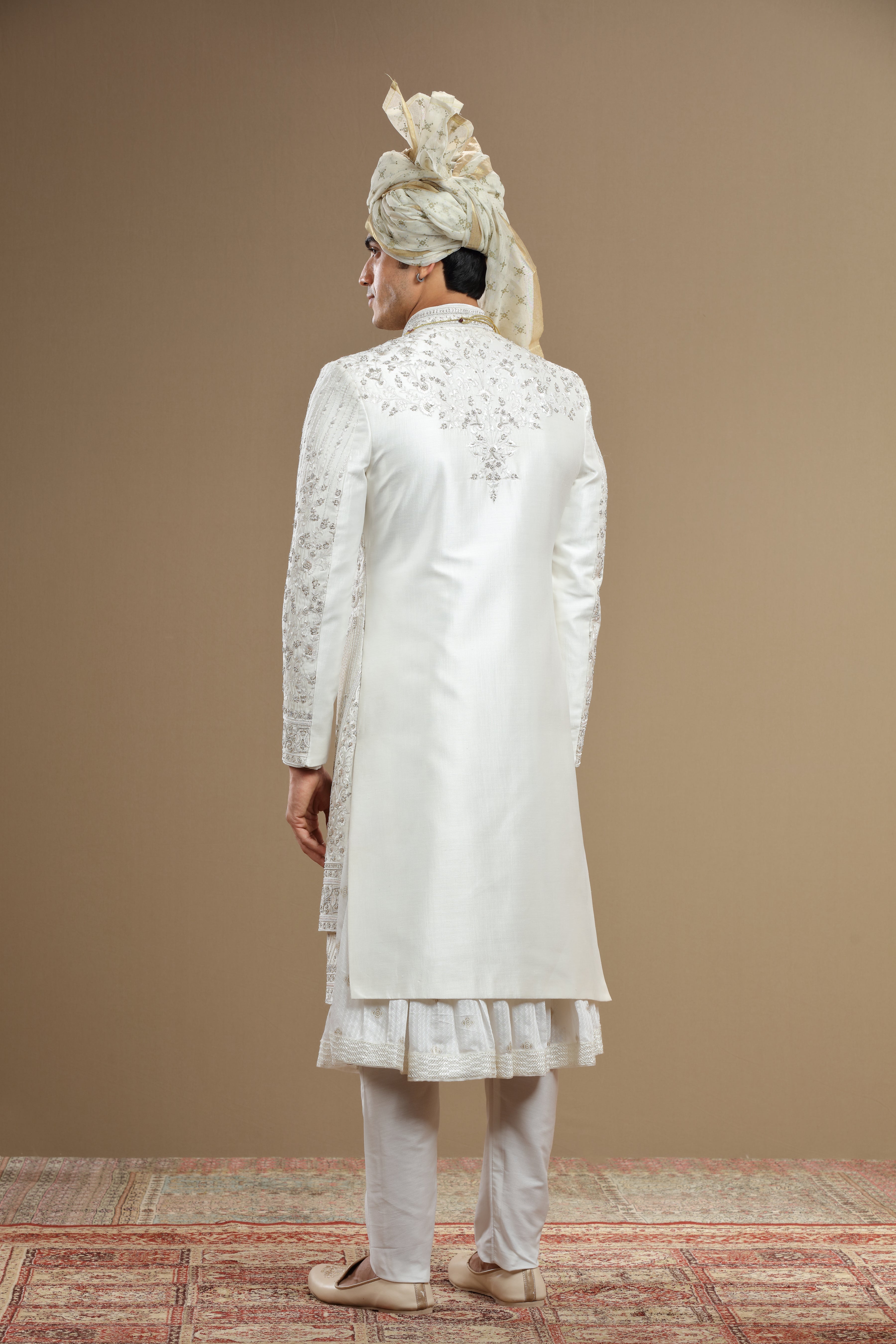 Ivory Silk hand embroidered sherwani set with anarkali - Shreeman