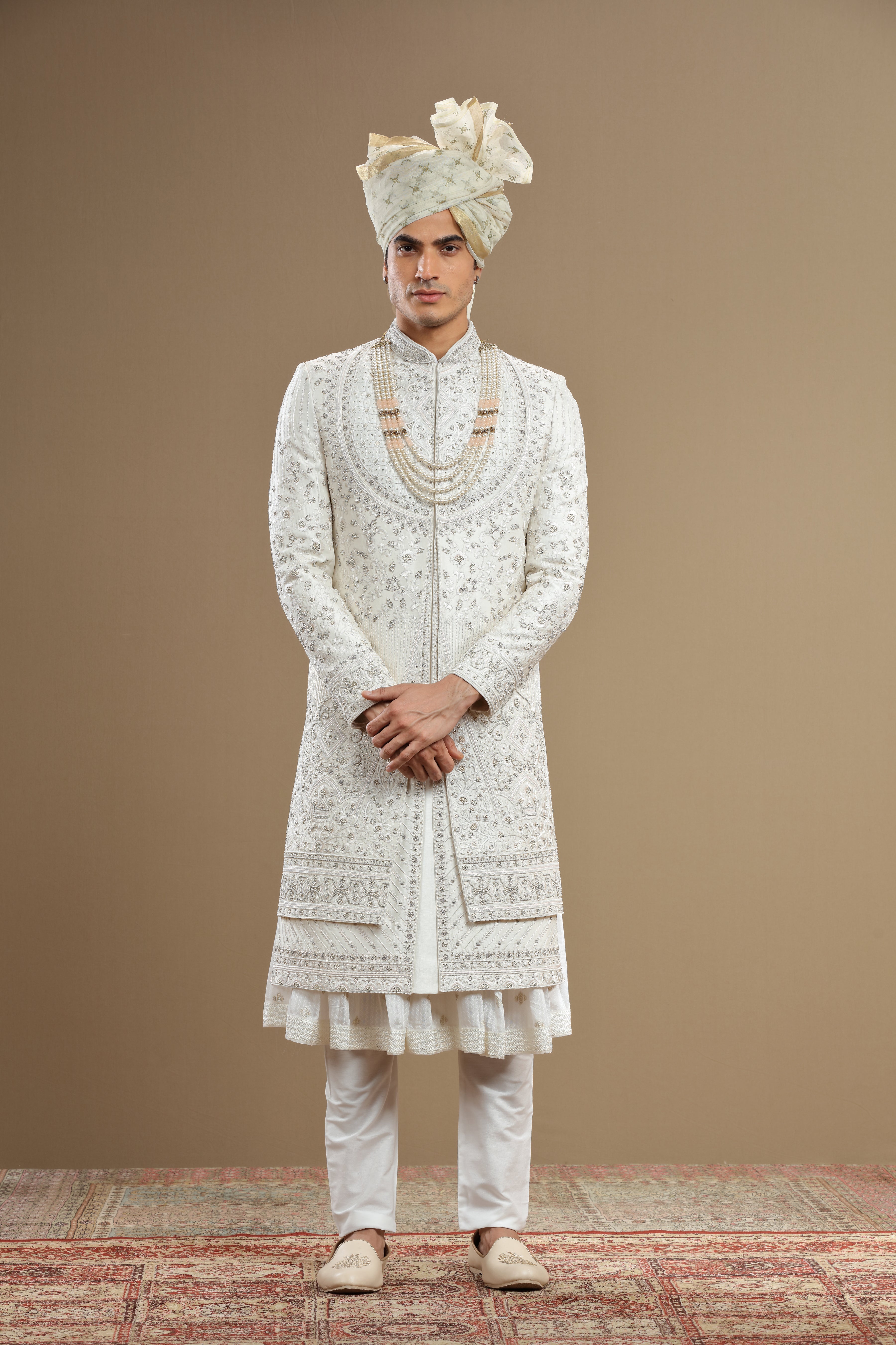 Ivory Silk hand embroidered sherwani set with anarkali - Shreeman
