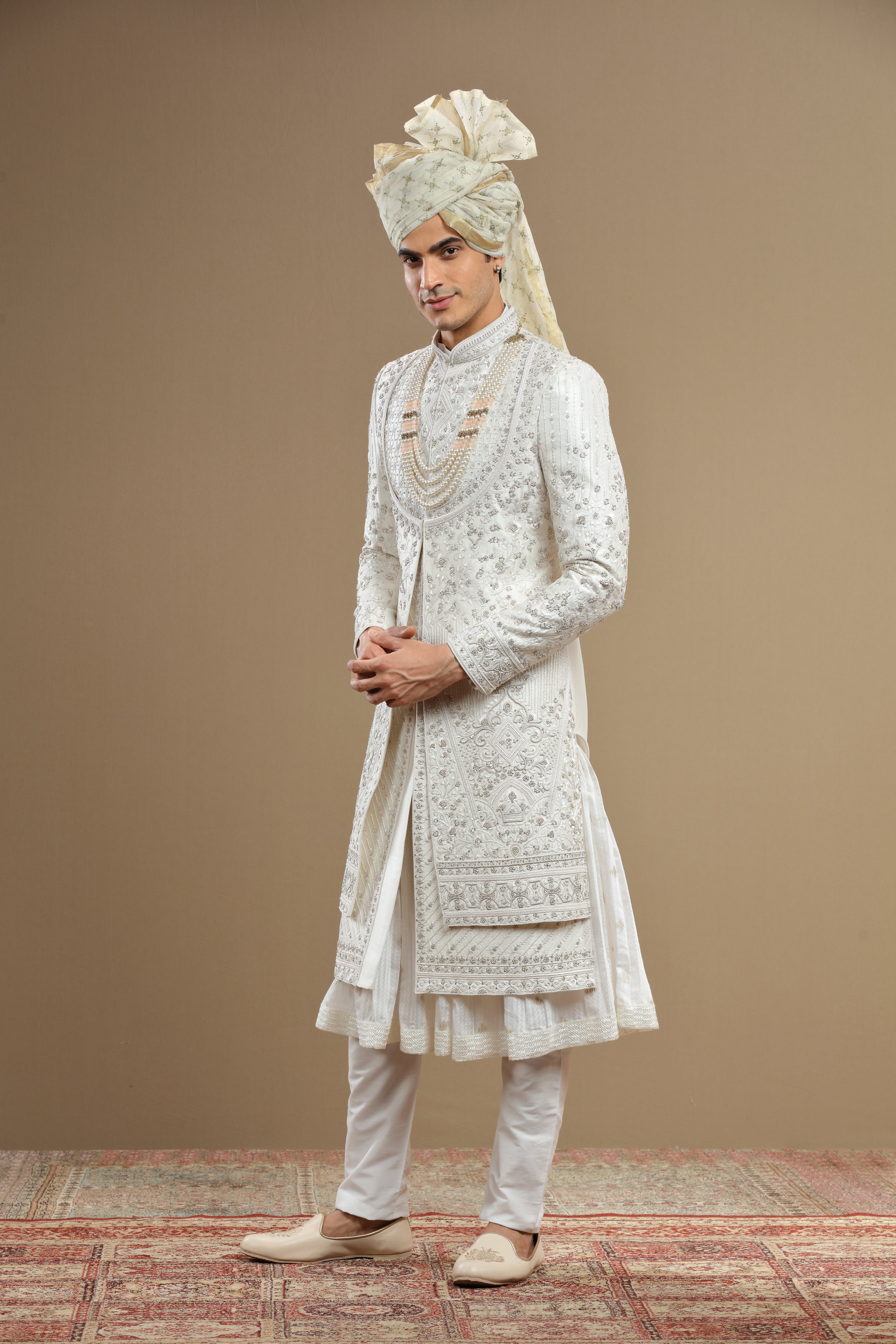 Ivory Silk hand embroidered sherwani set with anarkali - Shreeman