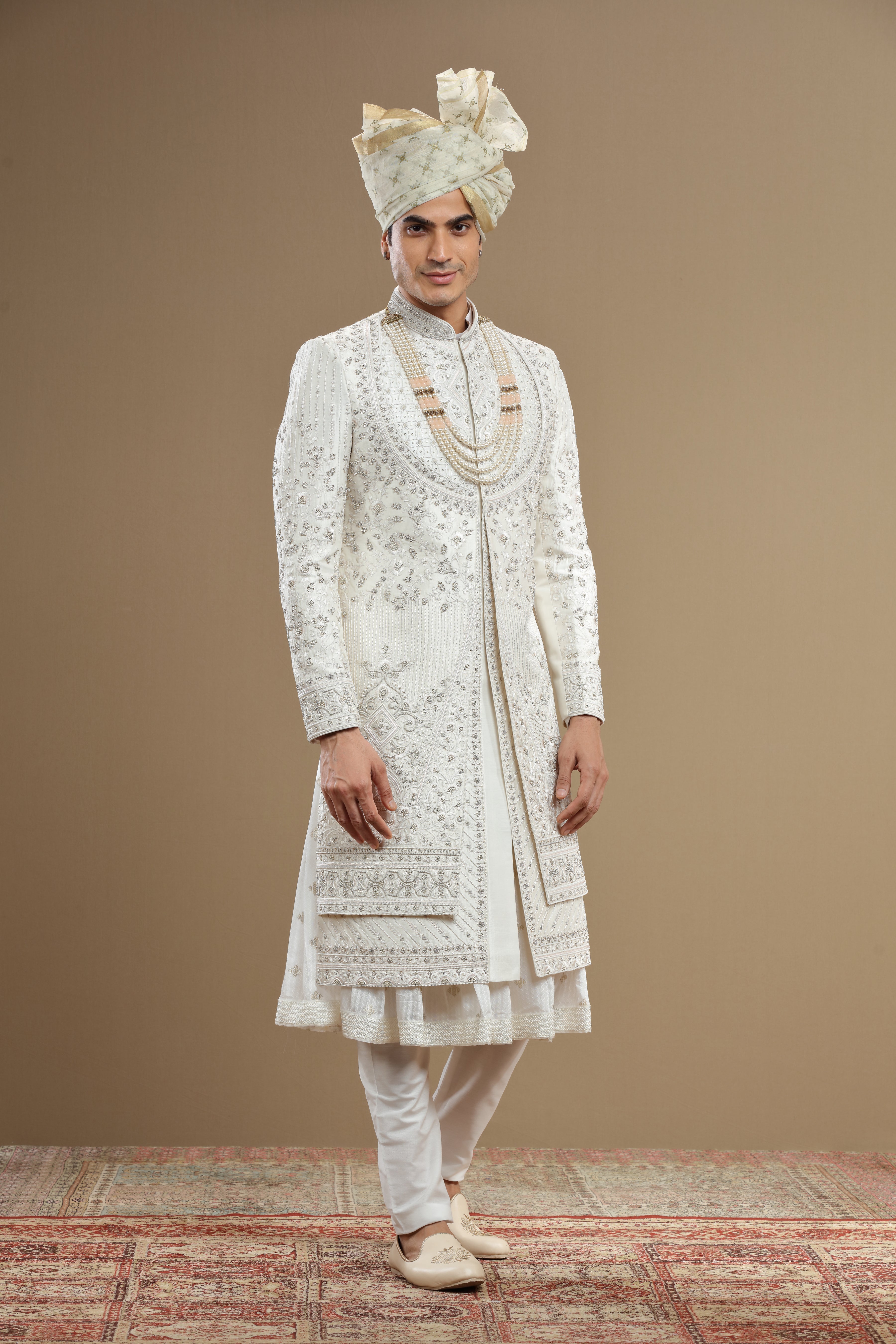 Ivory Silk hand embroidered sherwani set with anarkali - Shreeman