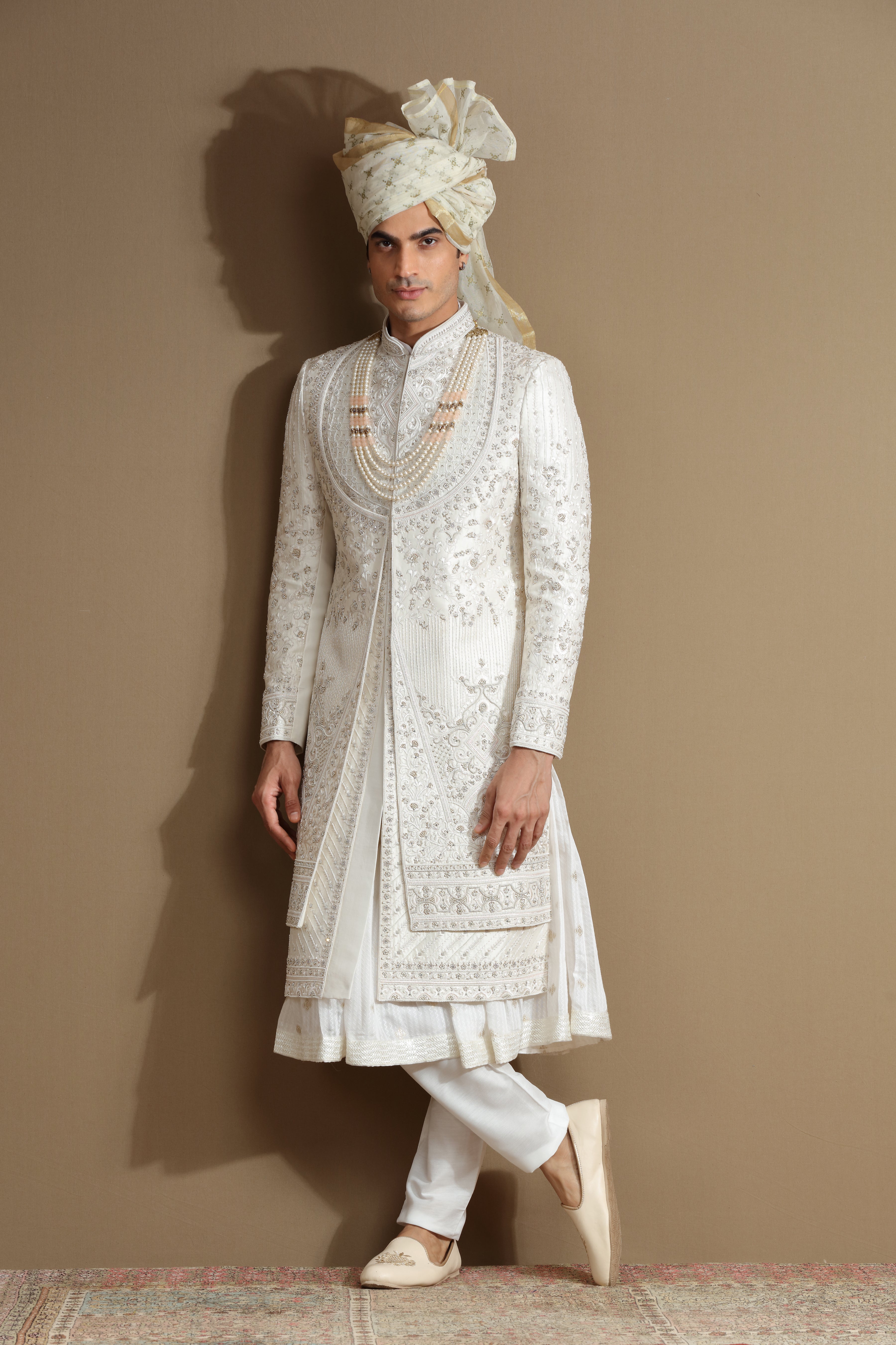 Ivory Silk hand embroidered sherwani set with anarkali - Shreeman