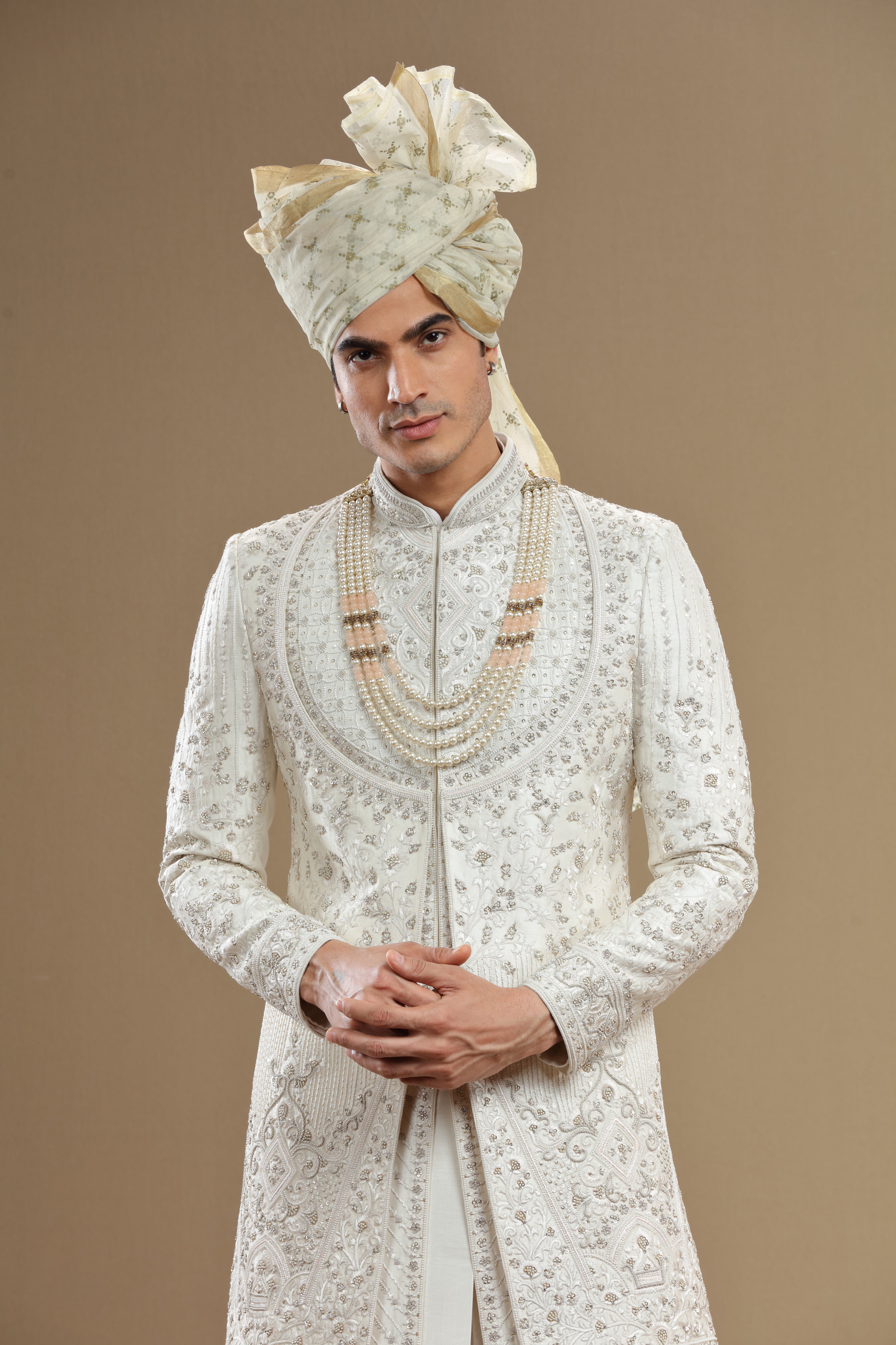 Ivory Silk hand embroidered sherwani set with anarkali - Shreeman