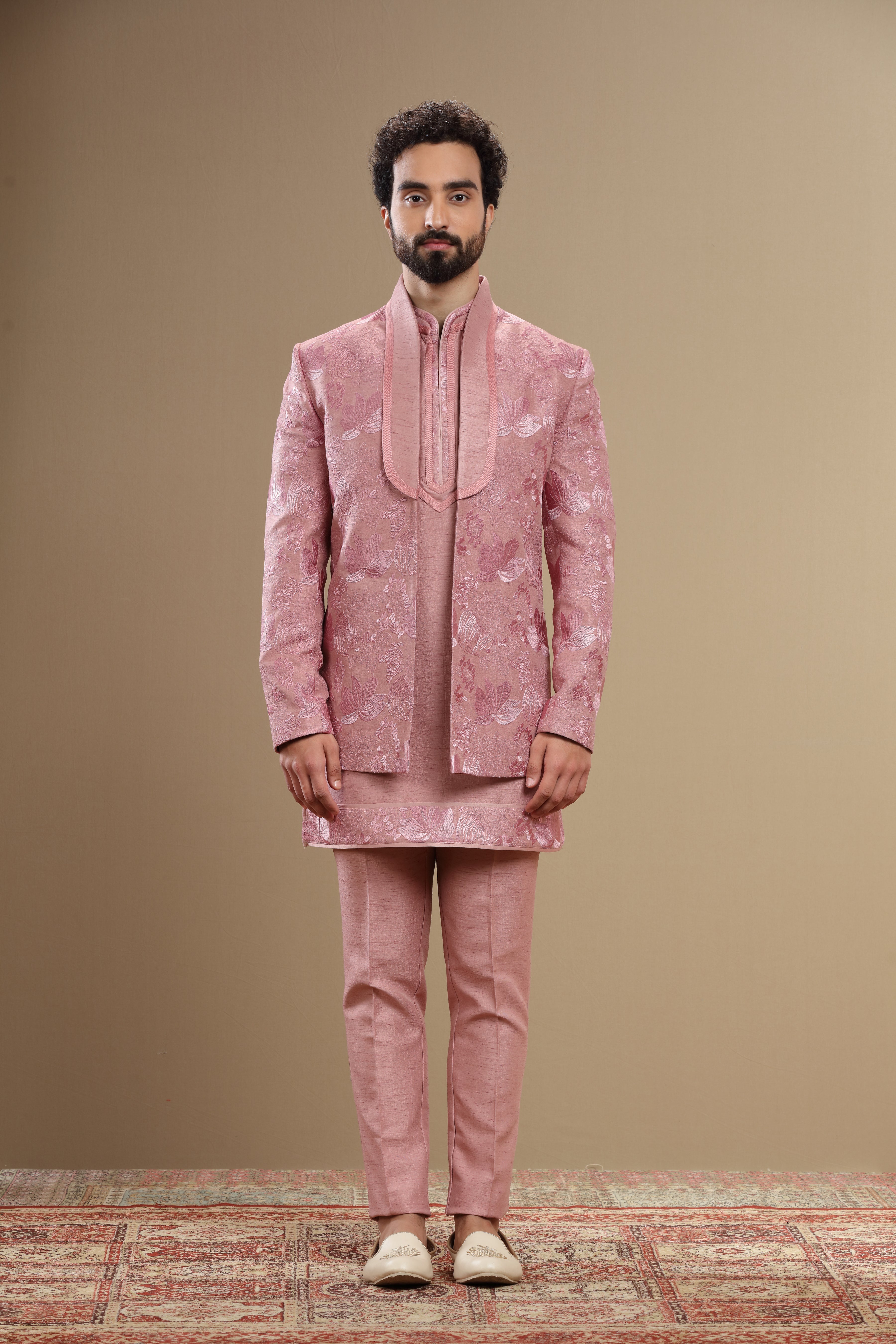 Dark peach indowestern set with floral embroidry - Shreeman