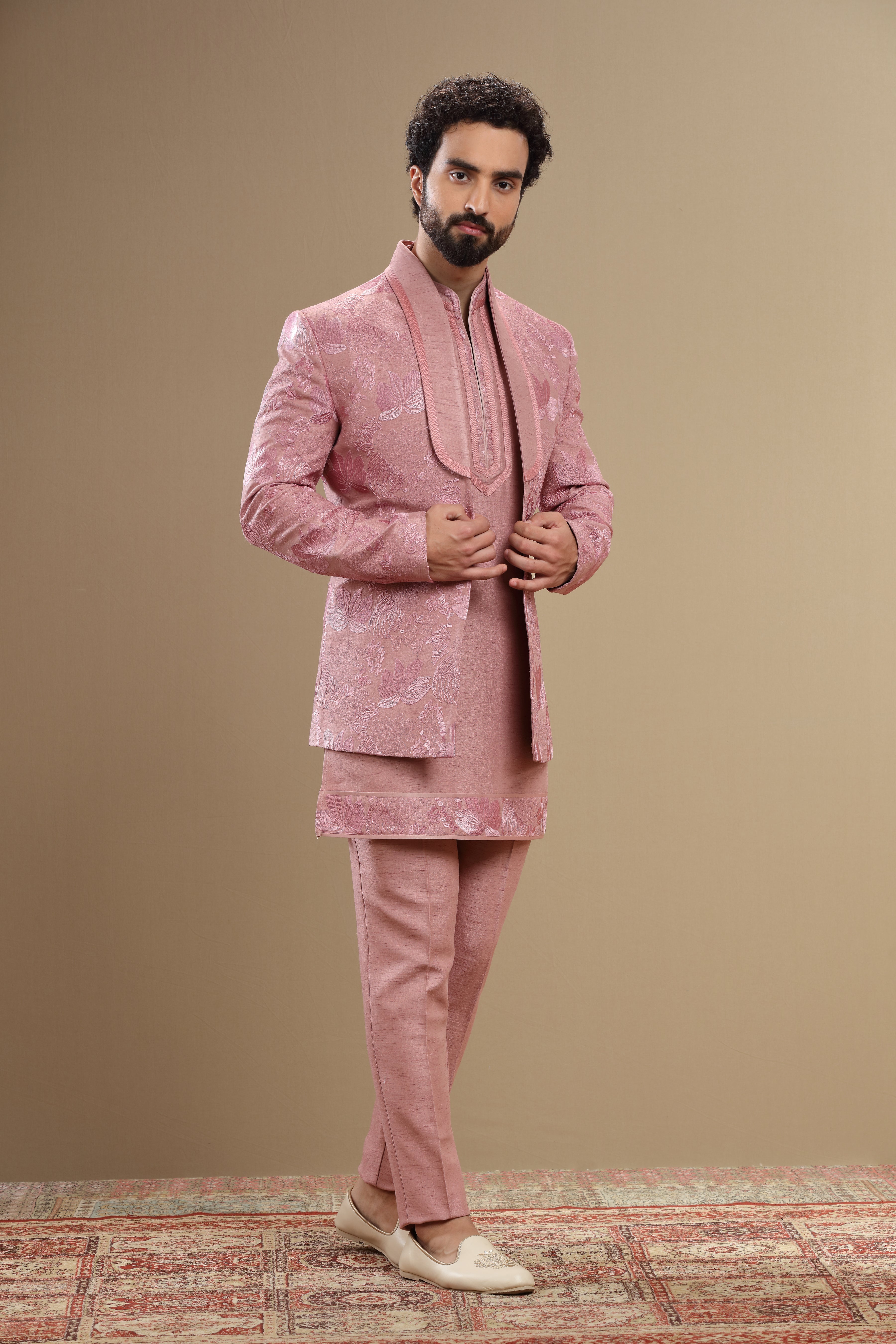Dark peach indowestern set with floral embroidry - Shreeman