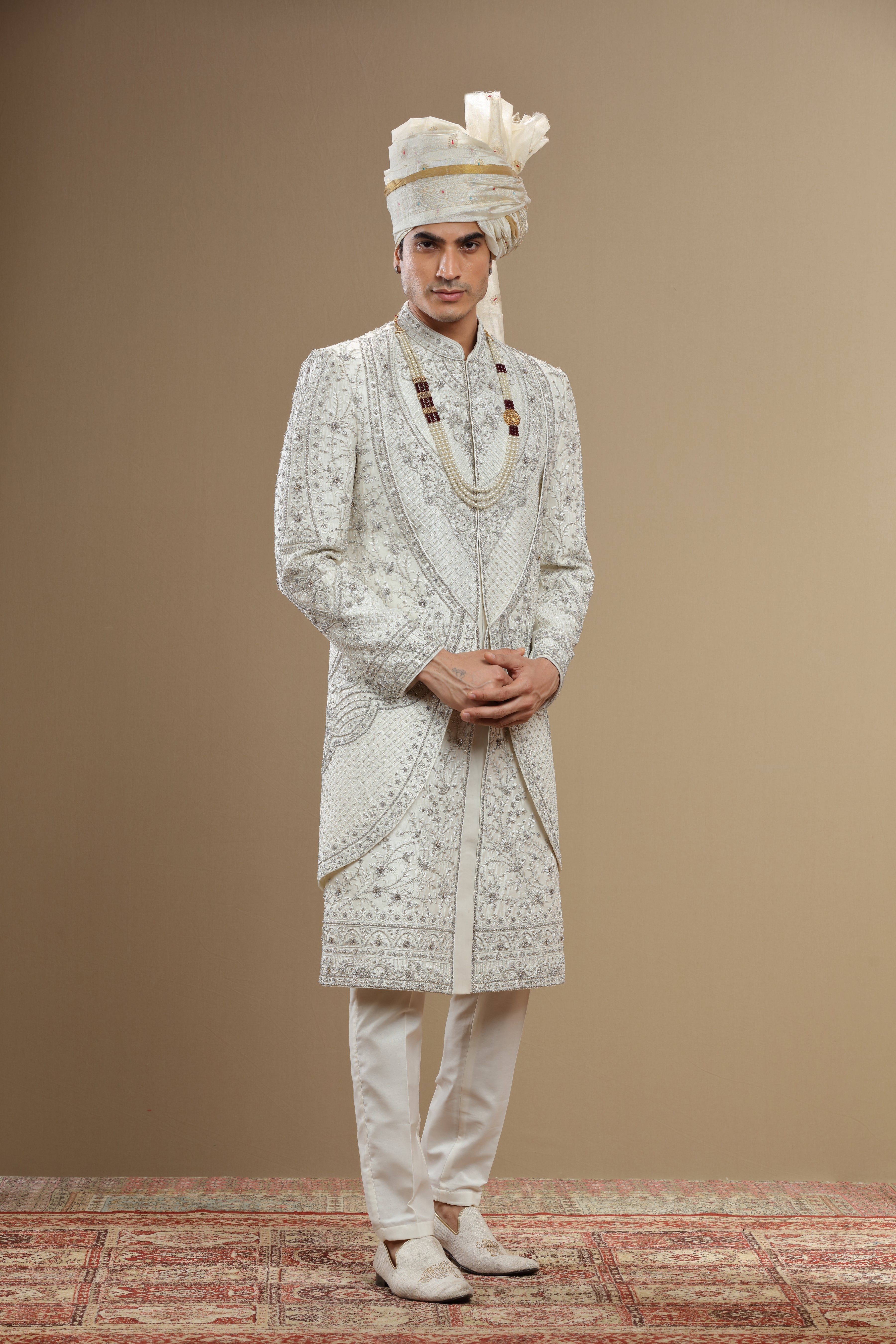 Ivory Silk hand embroidered sherwani set - Shreeman