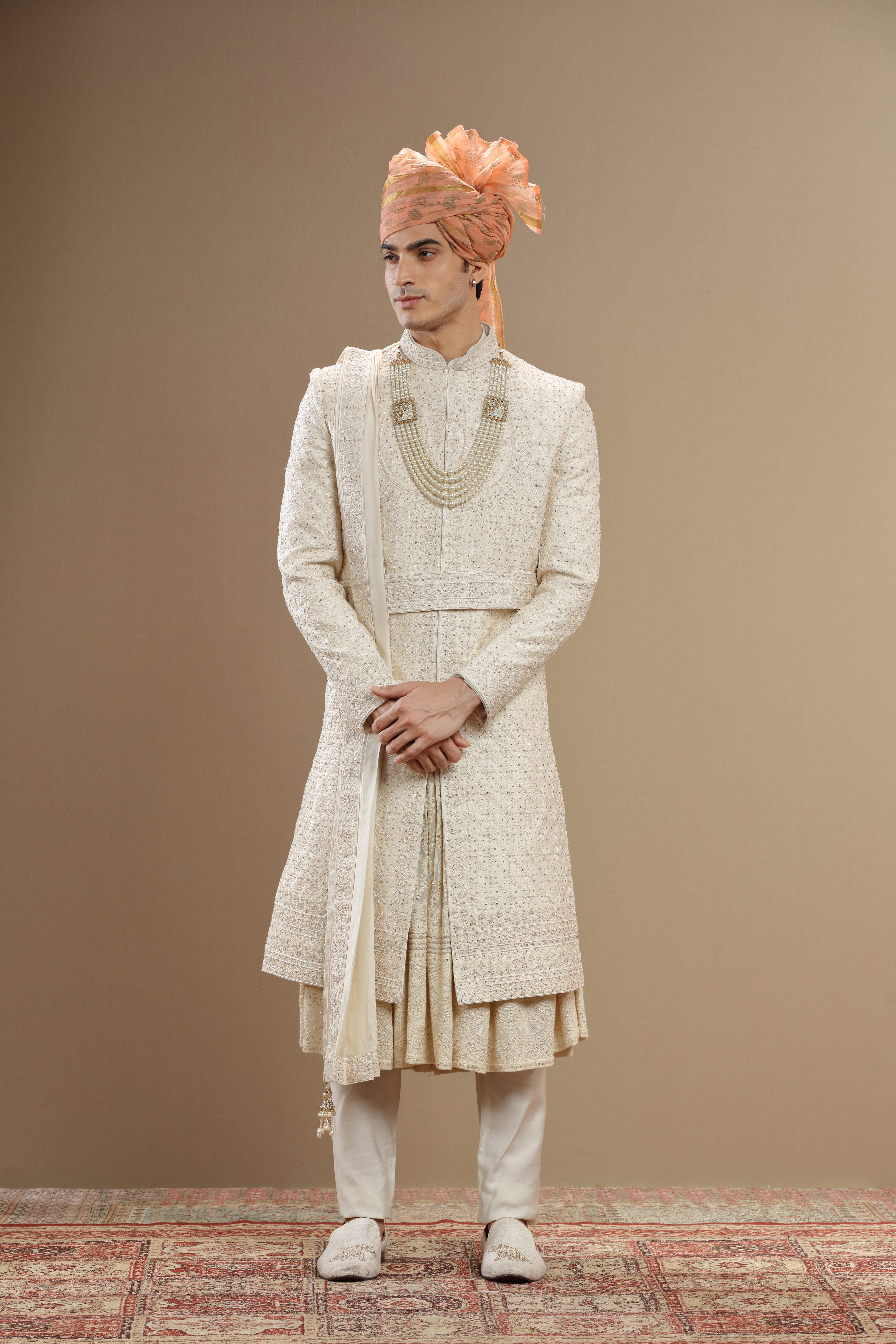 Ivory floral embroidered sherwani set with anarkali and dupatta - Shreeman