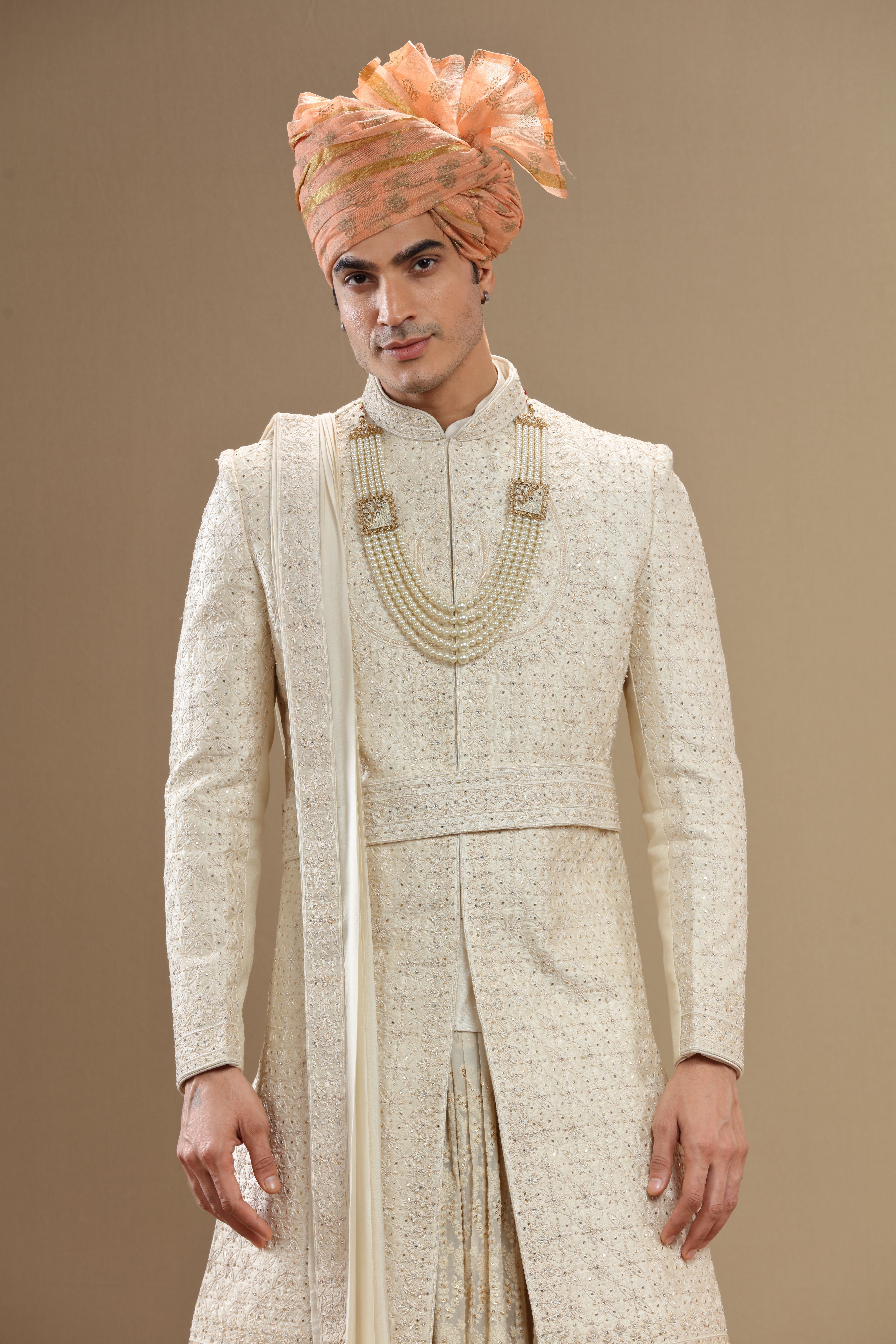 Ivory floral embroidered sherwani set with anarkali and dupatta - Shreeman
