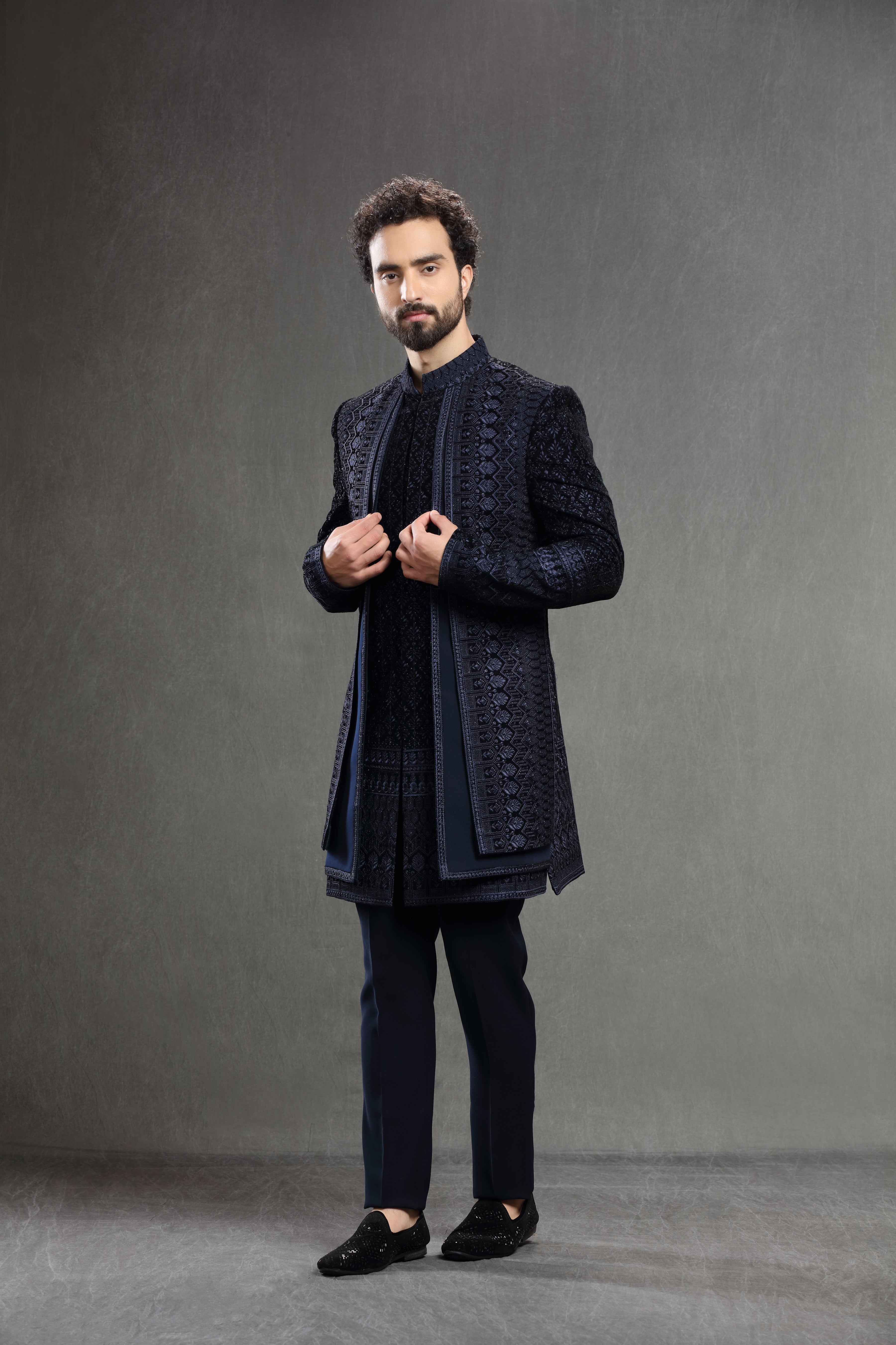 Velvet Silk Indowestern With Resham Embroidery - Shreeman