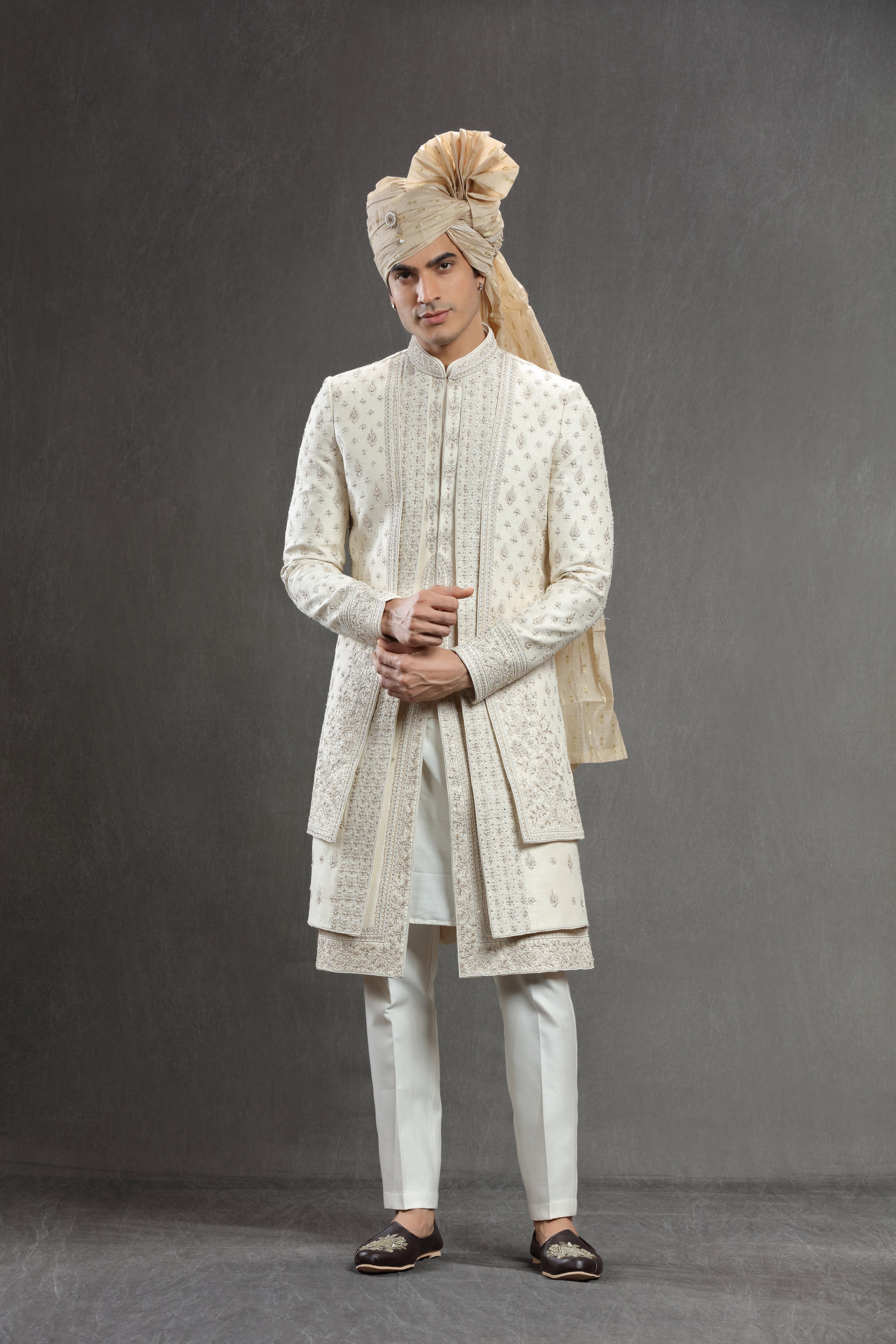 Ivory Silk embroidered indowestern set. - Shreeman