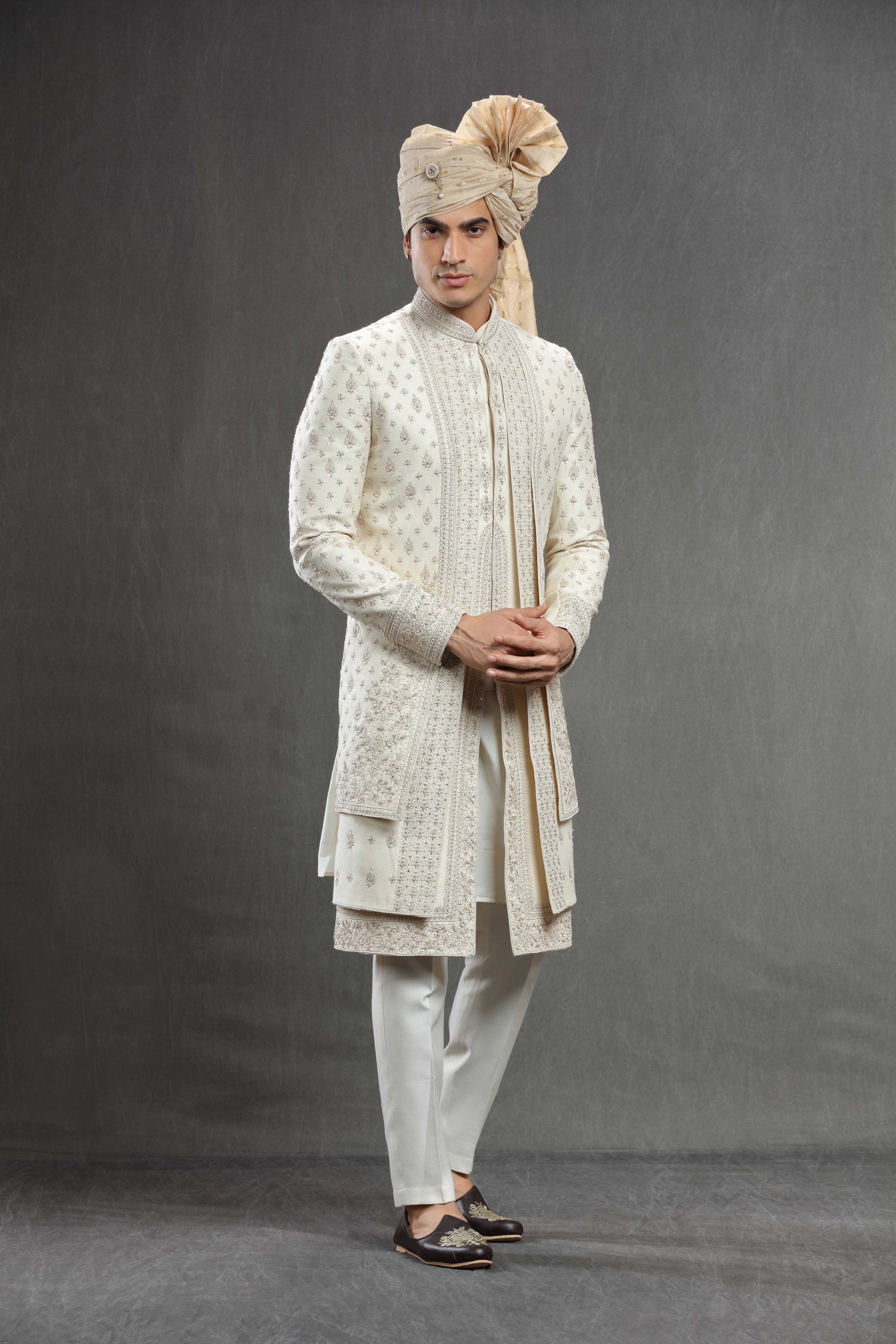 Ivory Silk embroidered indowestern set. - Shreeman