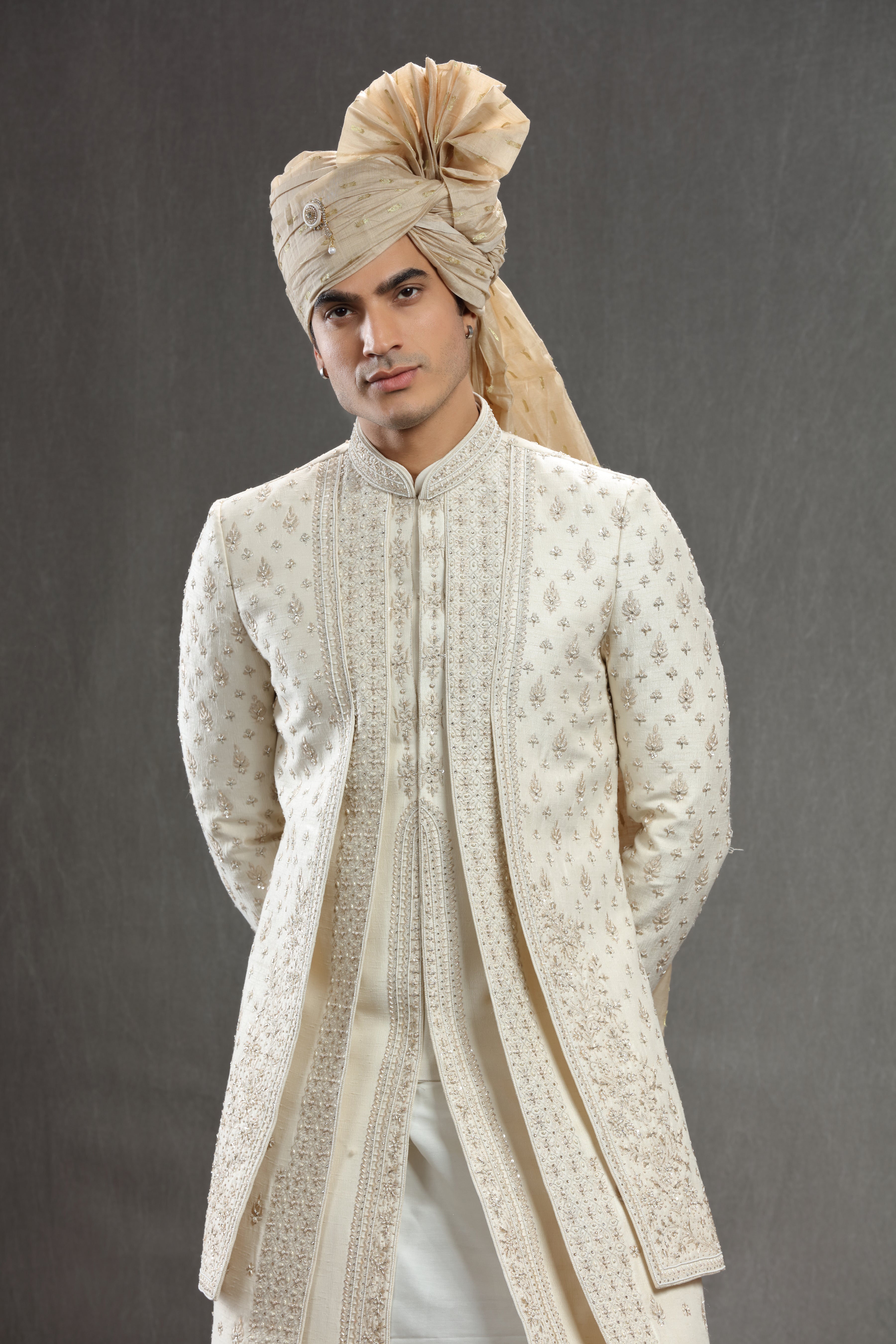 Ivory Silk embroidered indowestern set. - Shreeman
