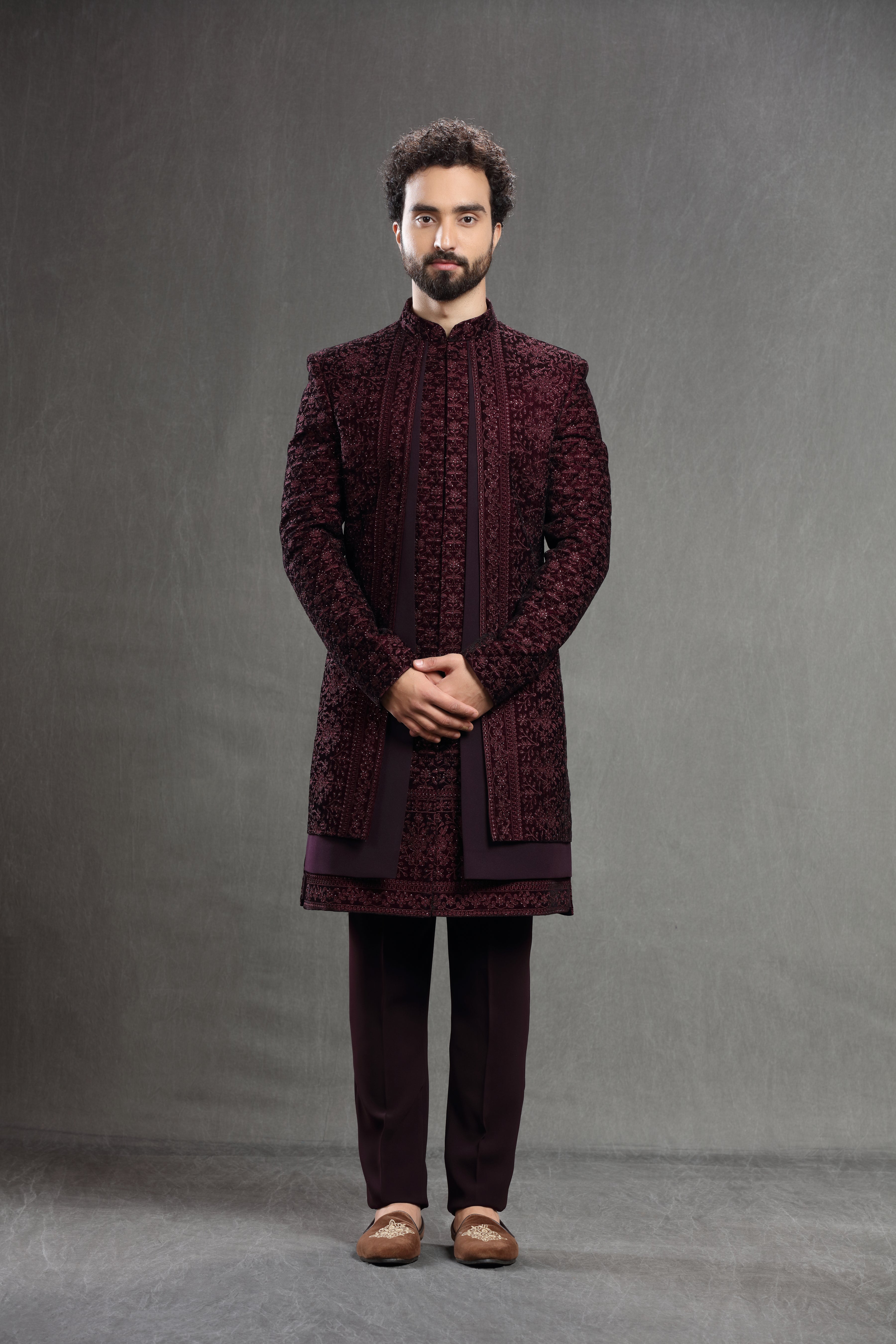 Wine velvet floral embroidered indowestern - Shreeman