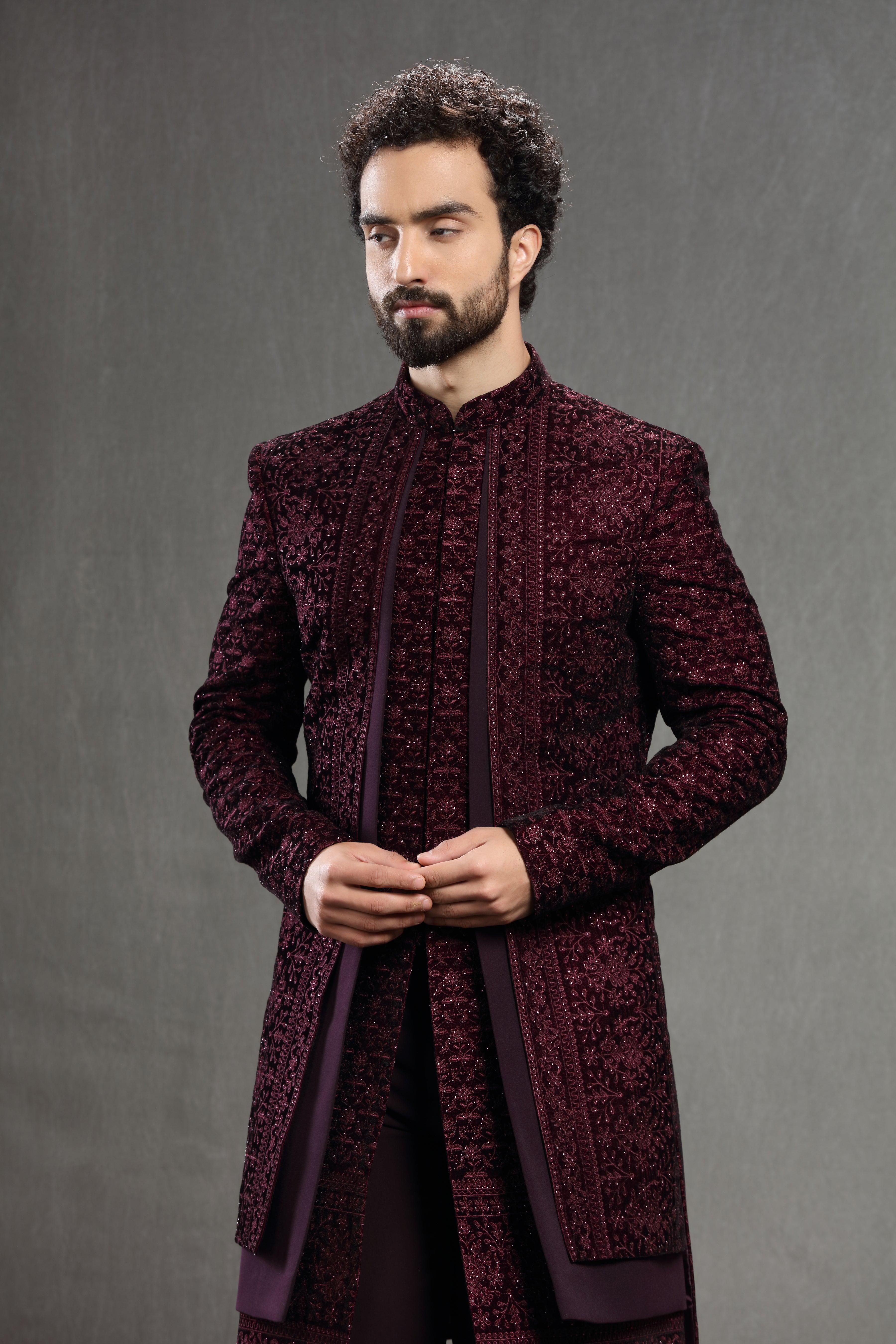 Wine velvet floral embroidered indowestern - Shreeman