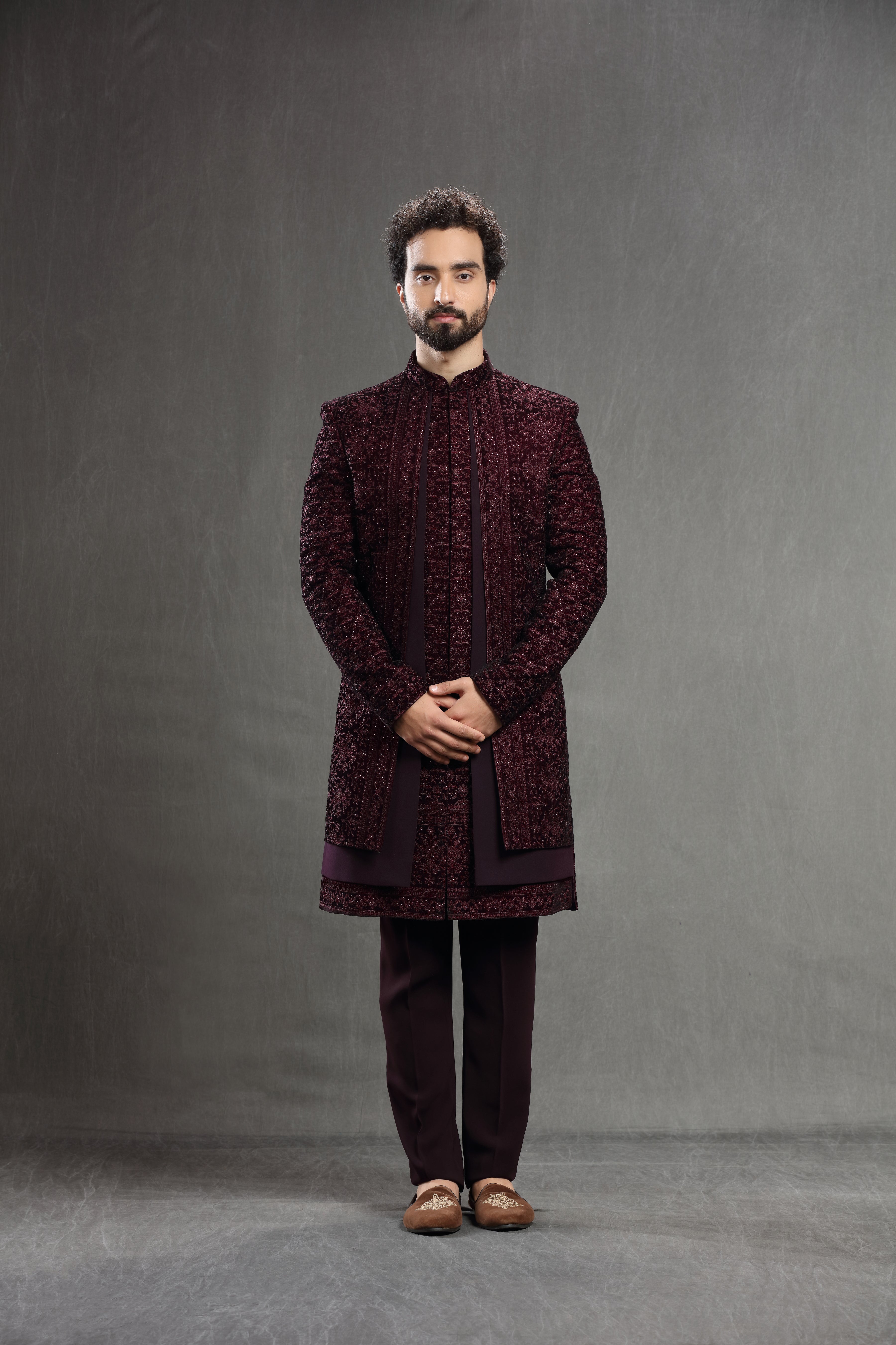 Wine velvet floral embroidered indowestern - Shreeman