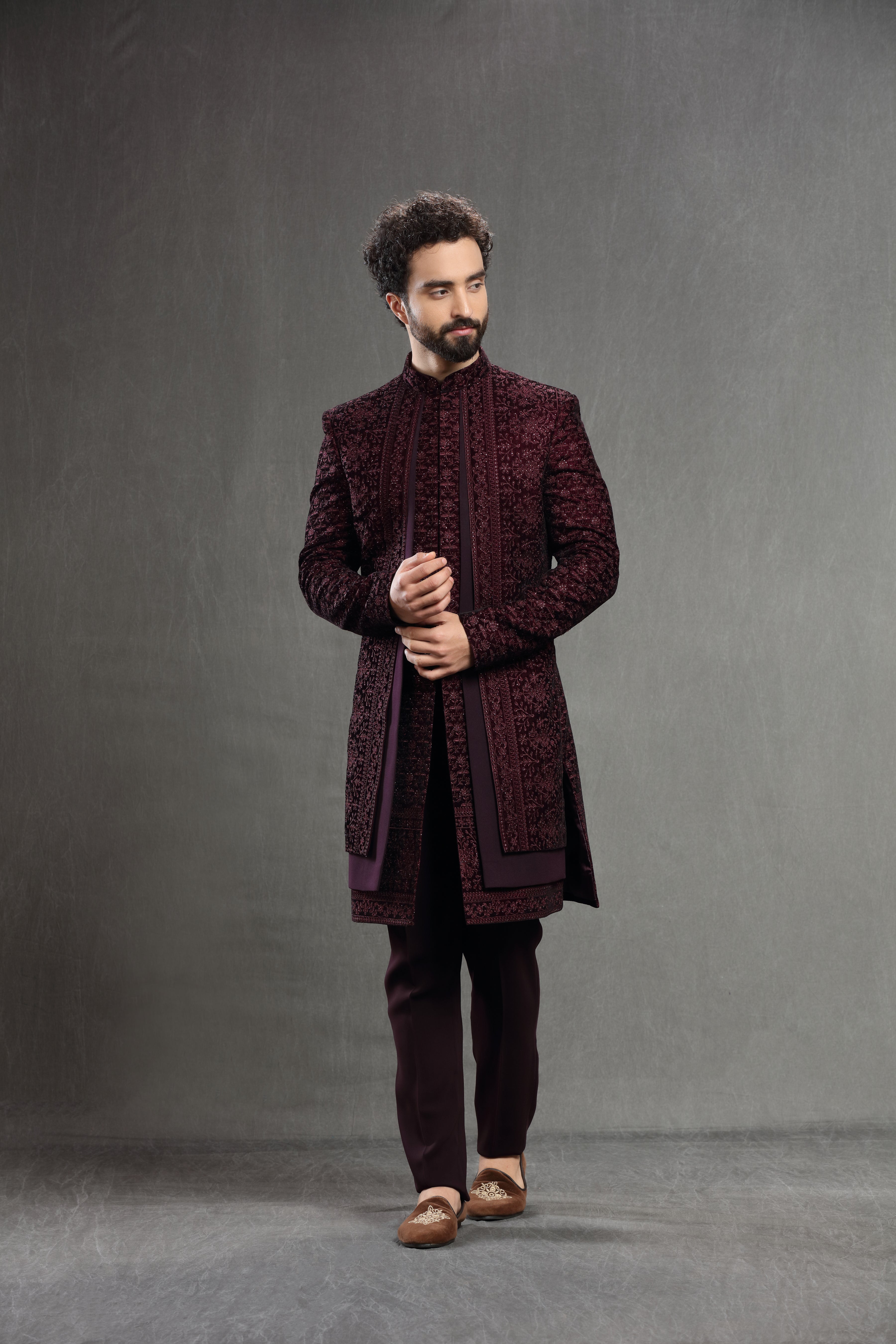 Wine velvet floral embroidered indowestern - Shreeman