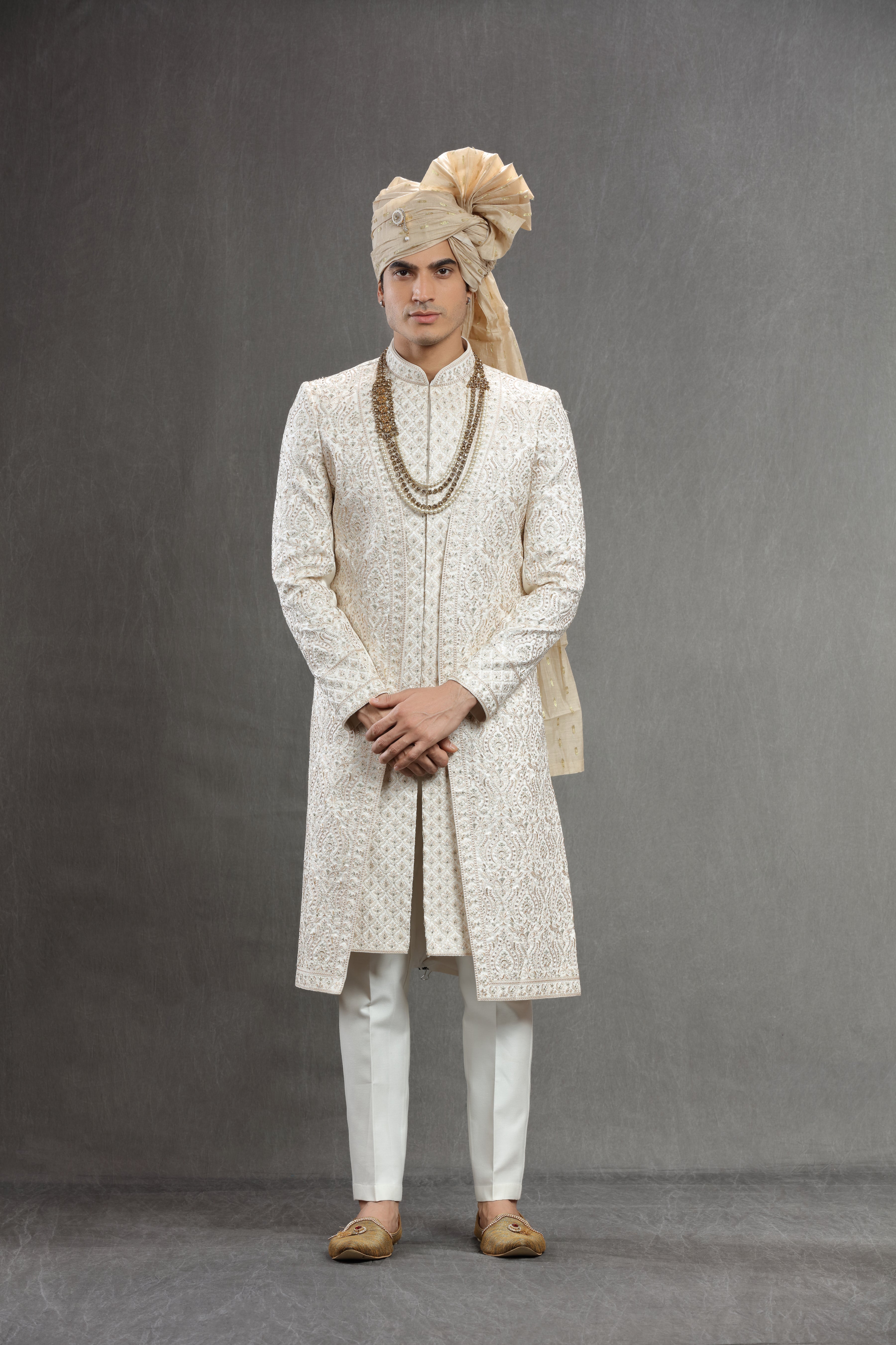 Ivory indowestern in resham and sequins work - Shreeman