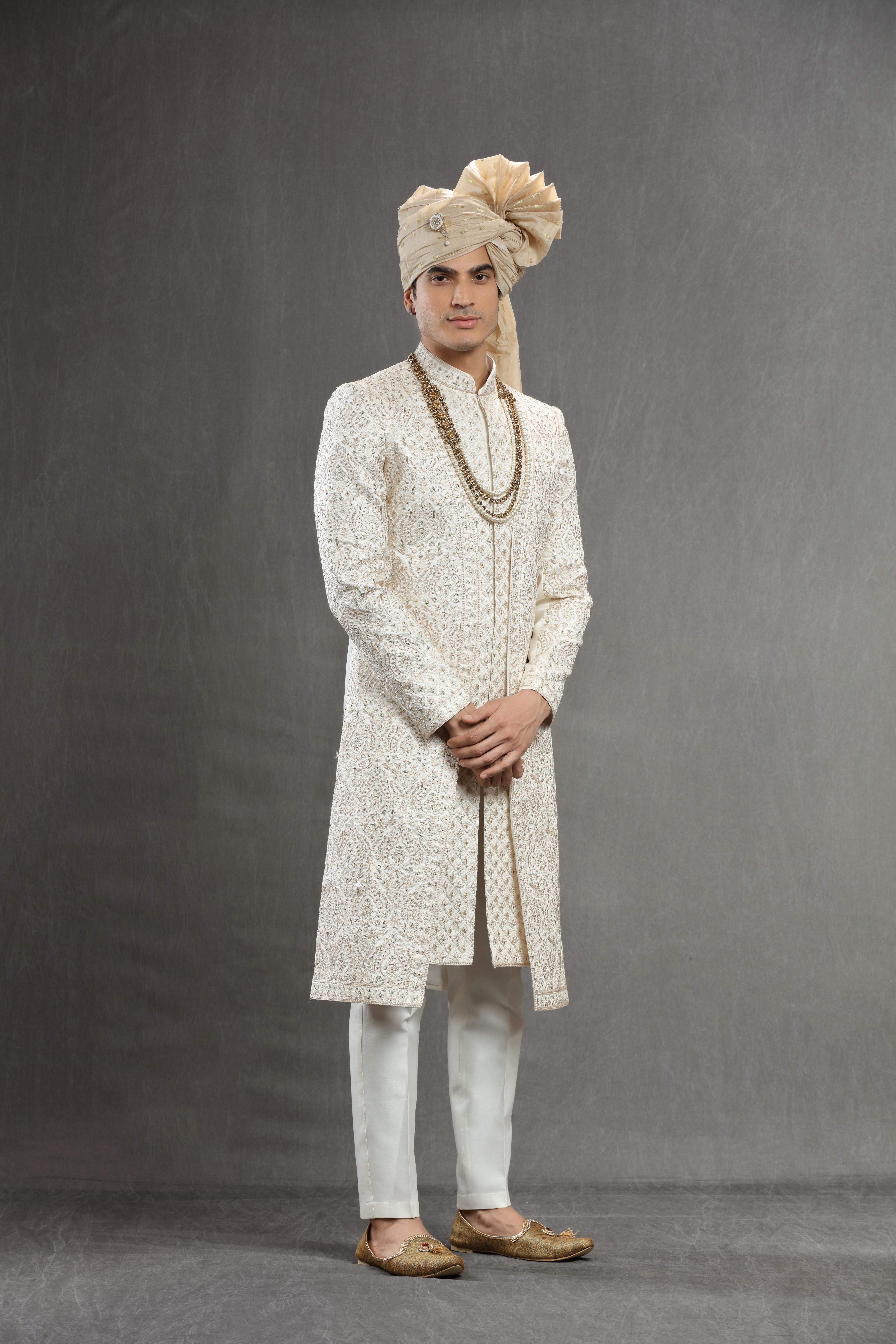 Ivory indowestern in resham and sequins work - Shreeman