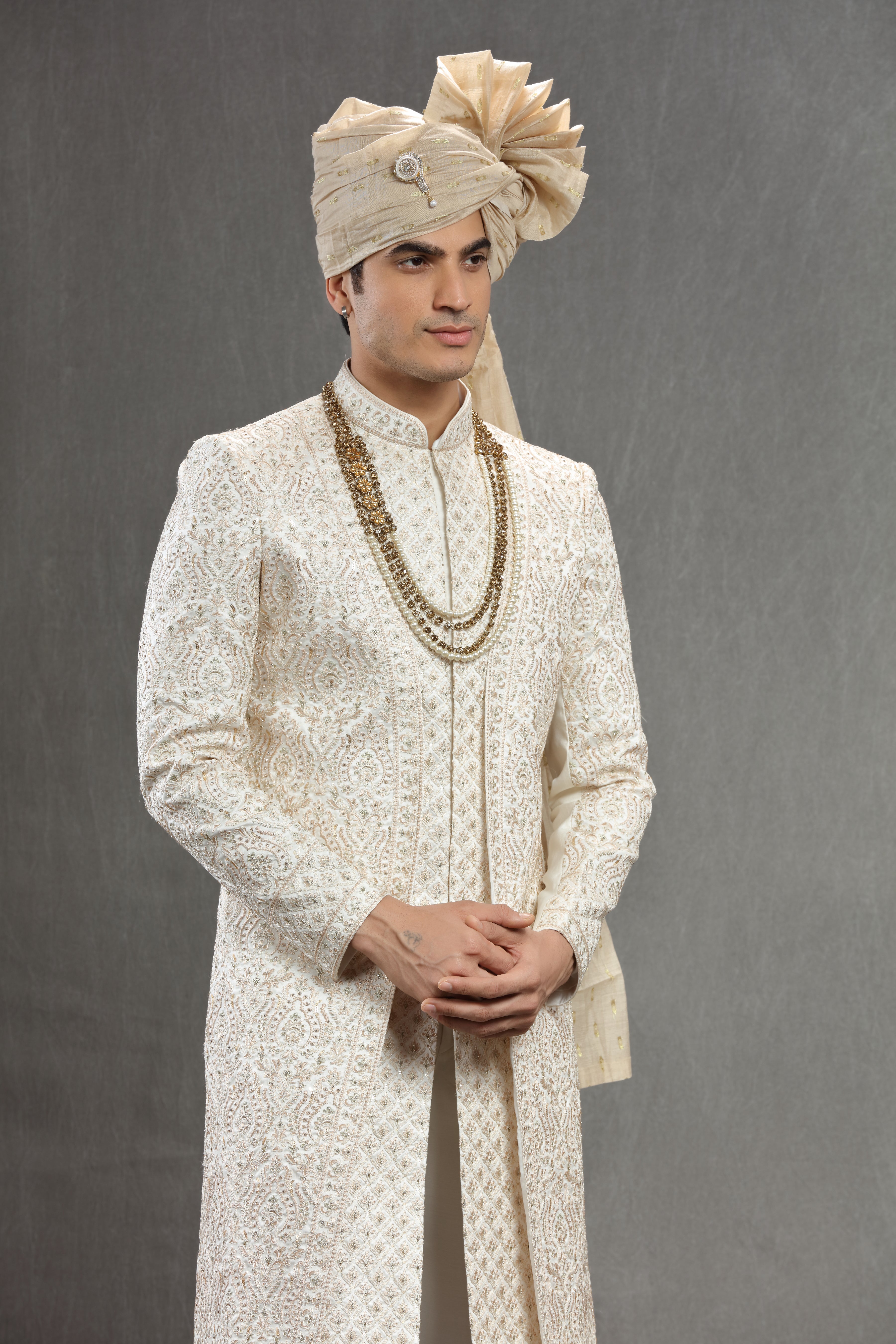 Ivory indowestern in resham and sequins work - Shreeman