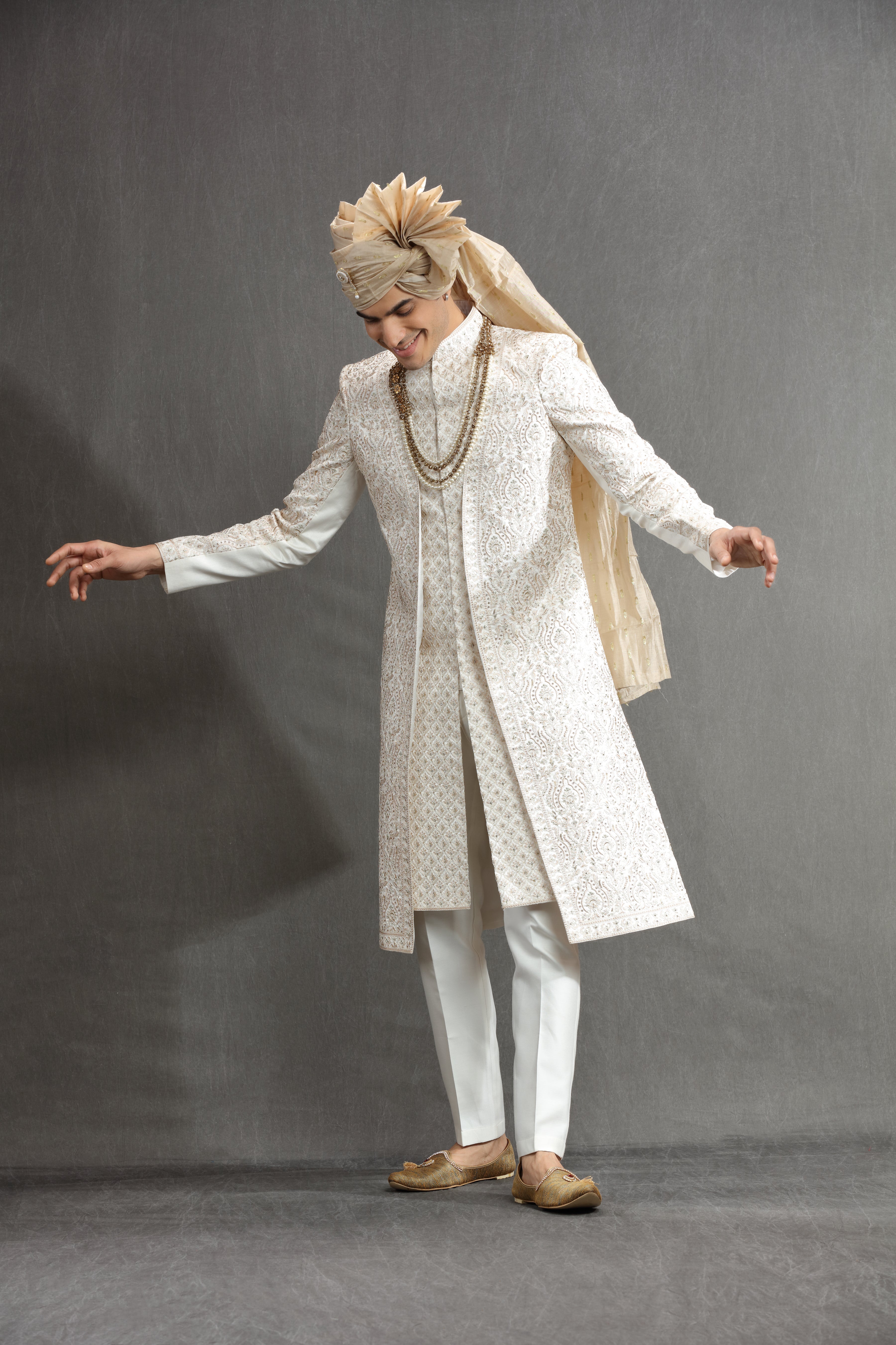 Ivory indowestern in resham and sequins work - Shreeman