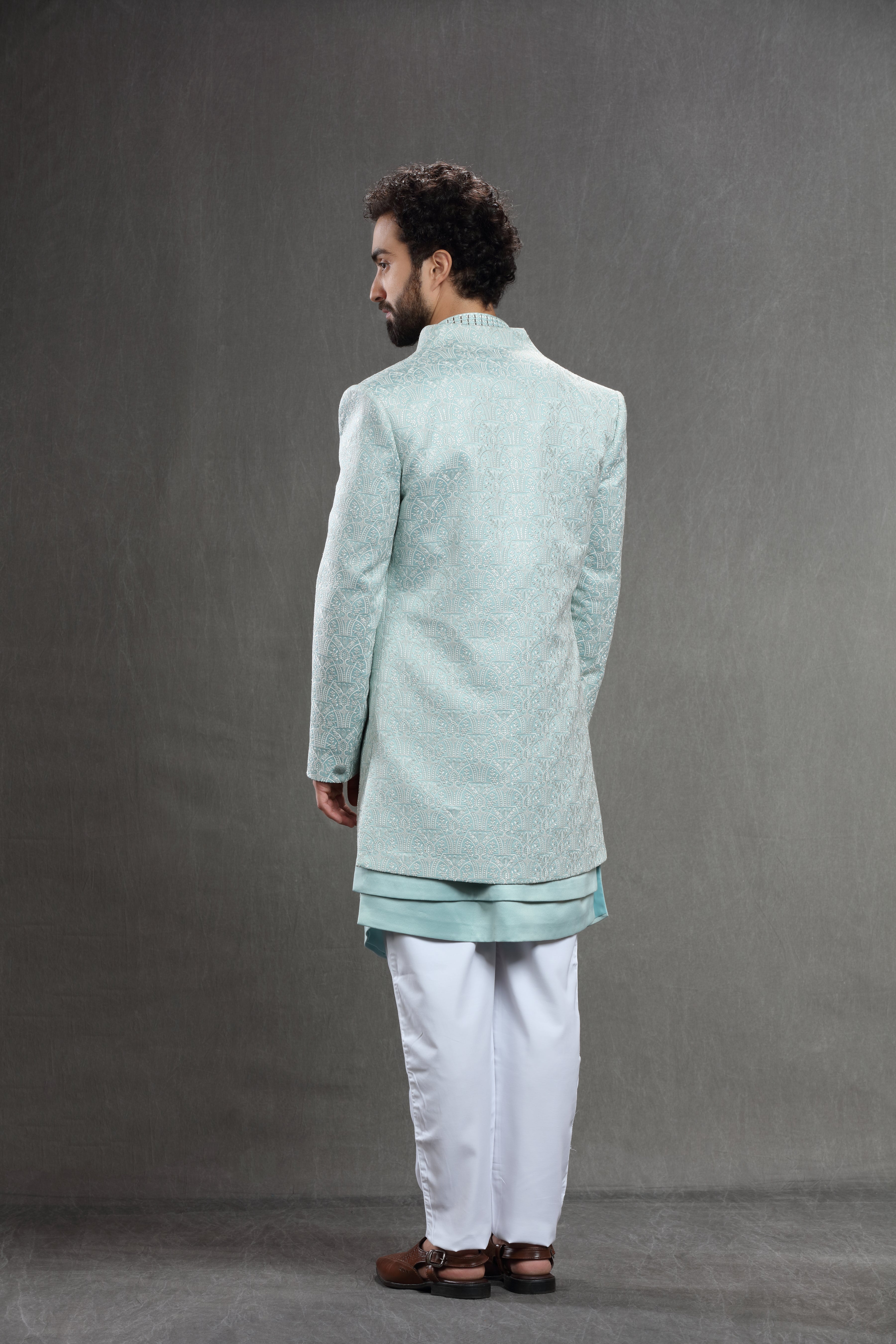 Pastel Blue Silk indowestern in threadwork embroidery - Shreeman