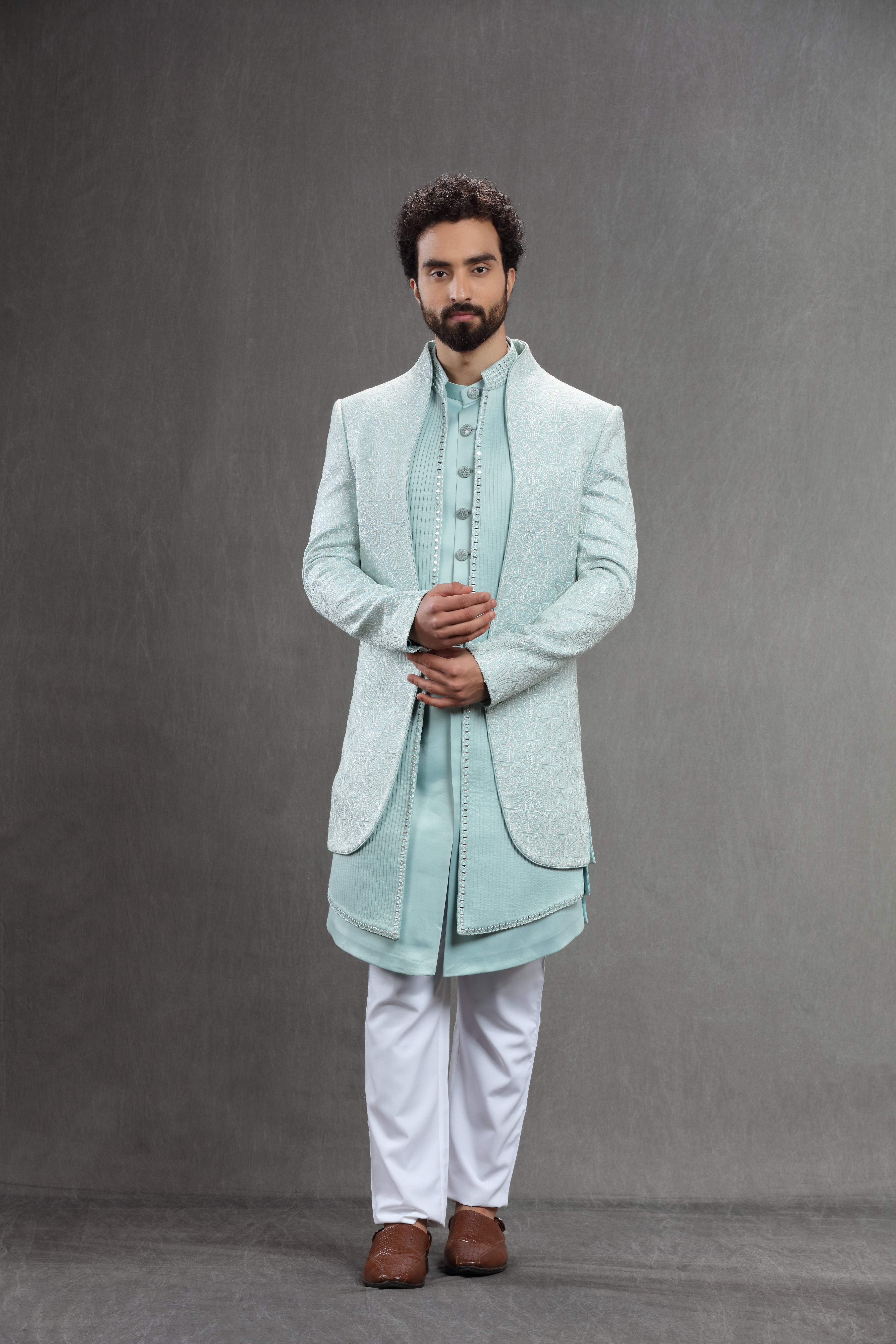 Pastel Blue Silk indowestern in threadwork embroidery - Shreeman