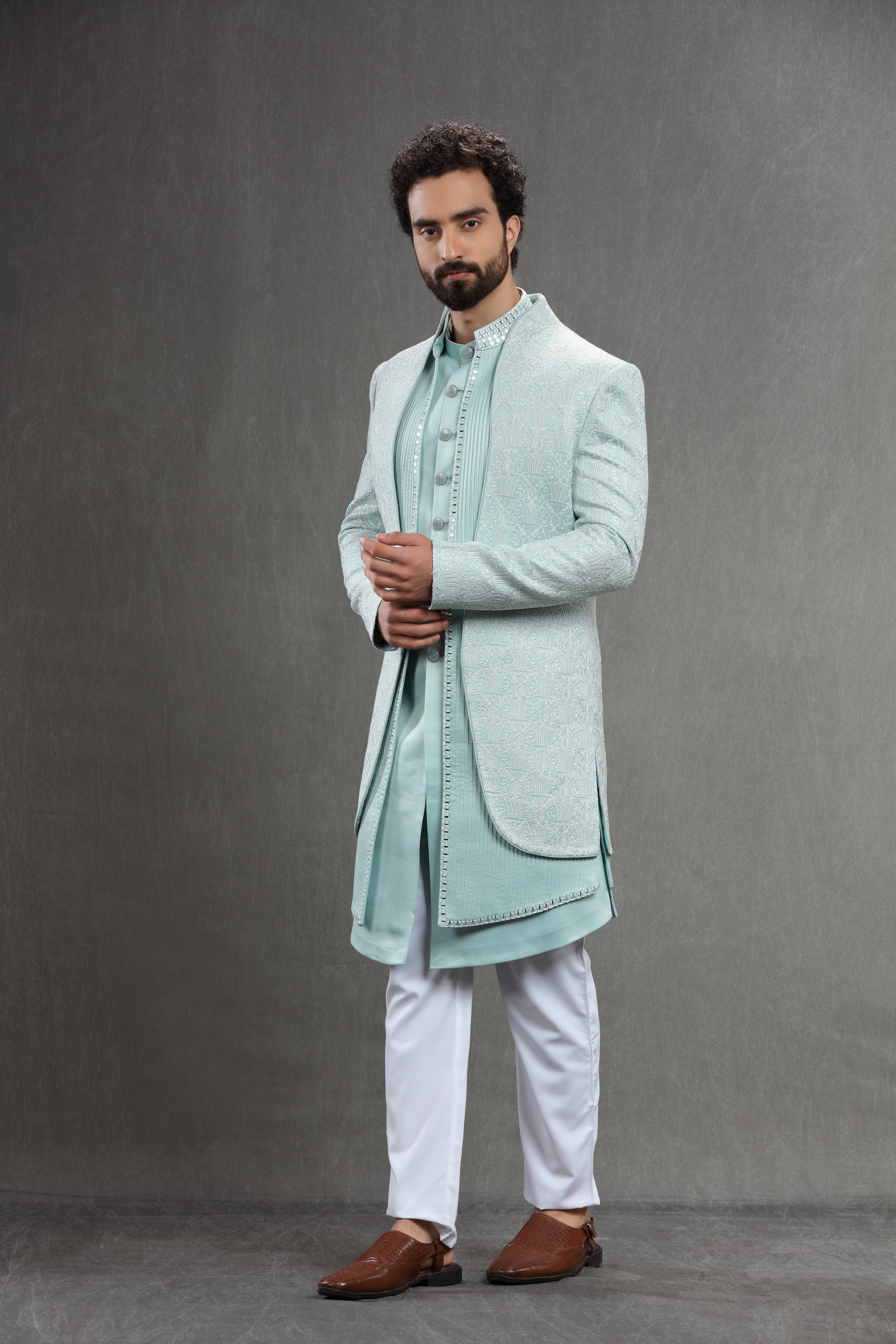 Pastel Blue Silk indowestern in threadwork embroidery - Shreeman