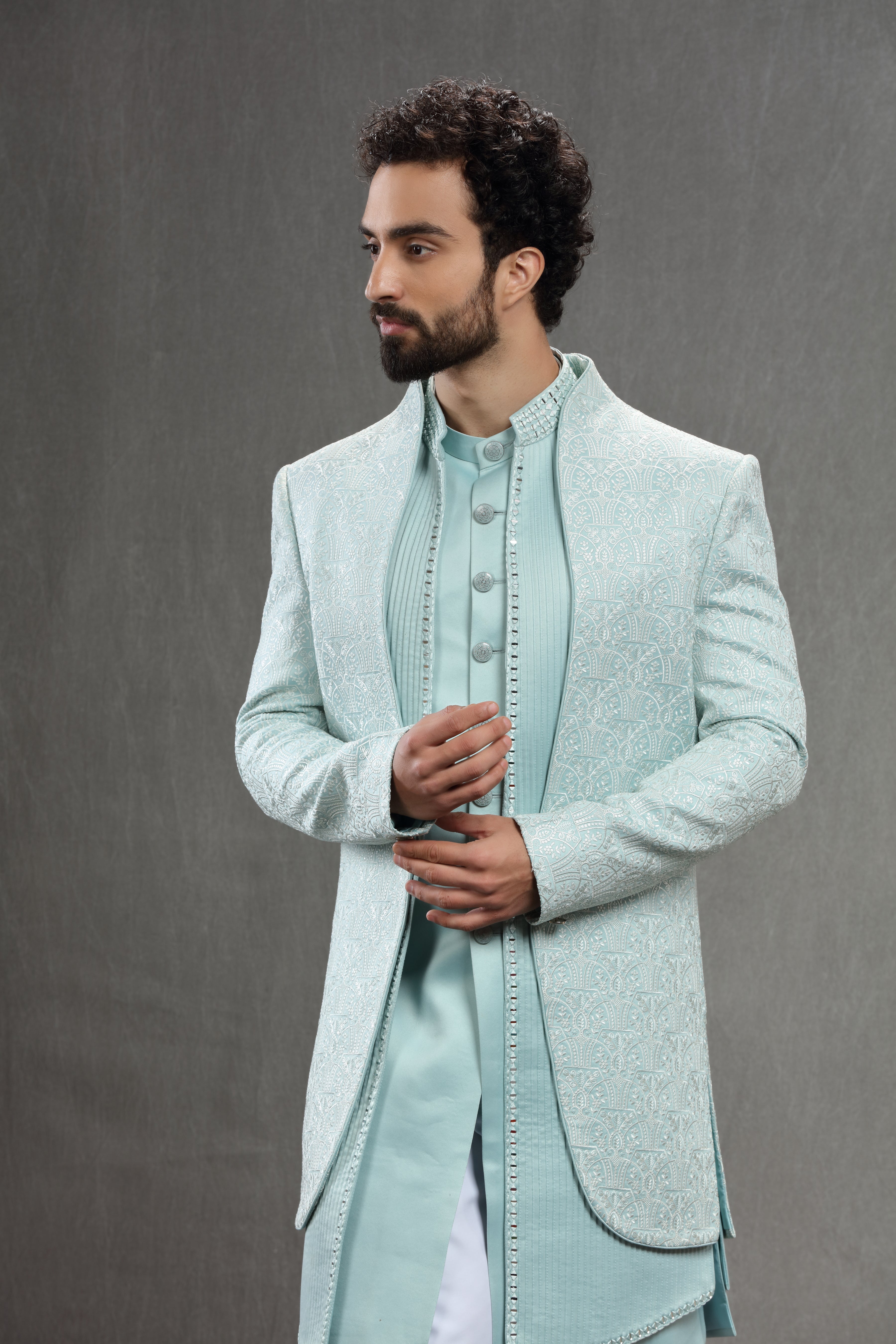 Pastel Blue Silk indowestern in threadwork embroidery - Shreeman