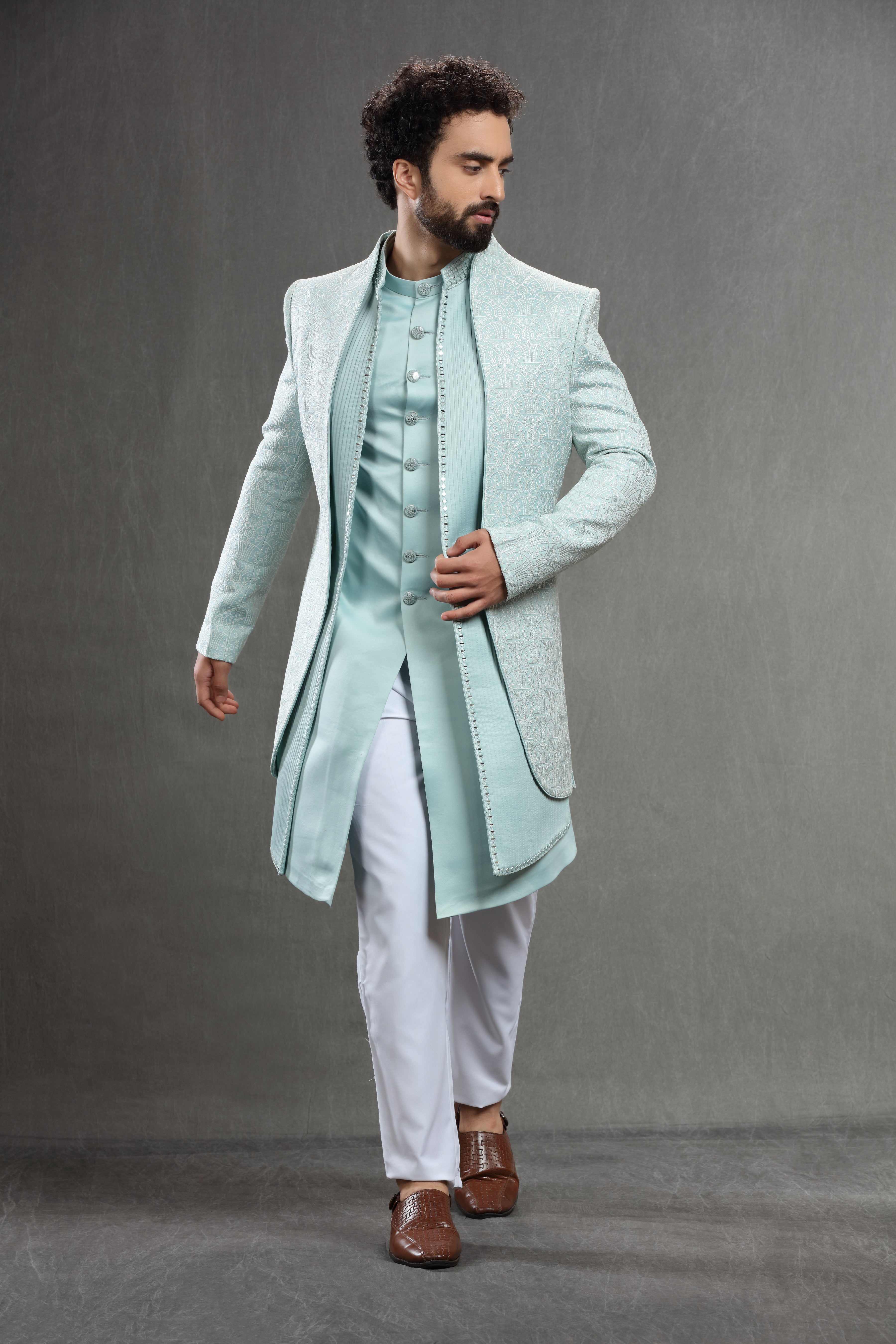 Pastel Blue Silk indowestern in threadwork embroidery - Shreeman