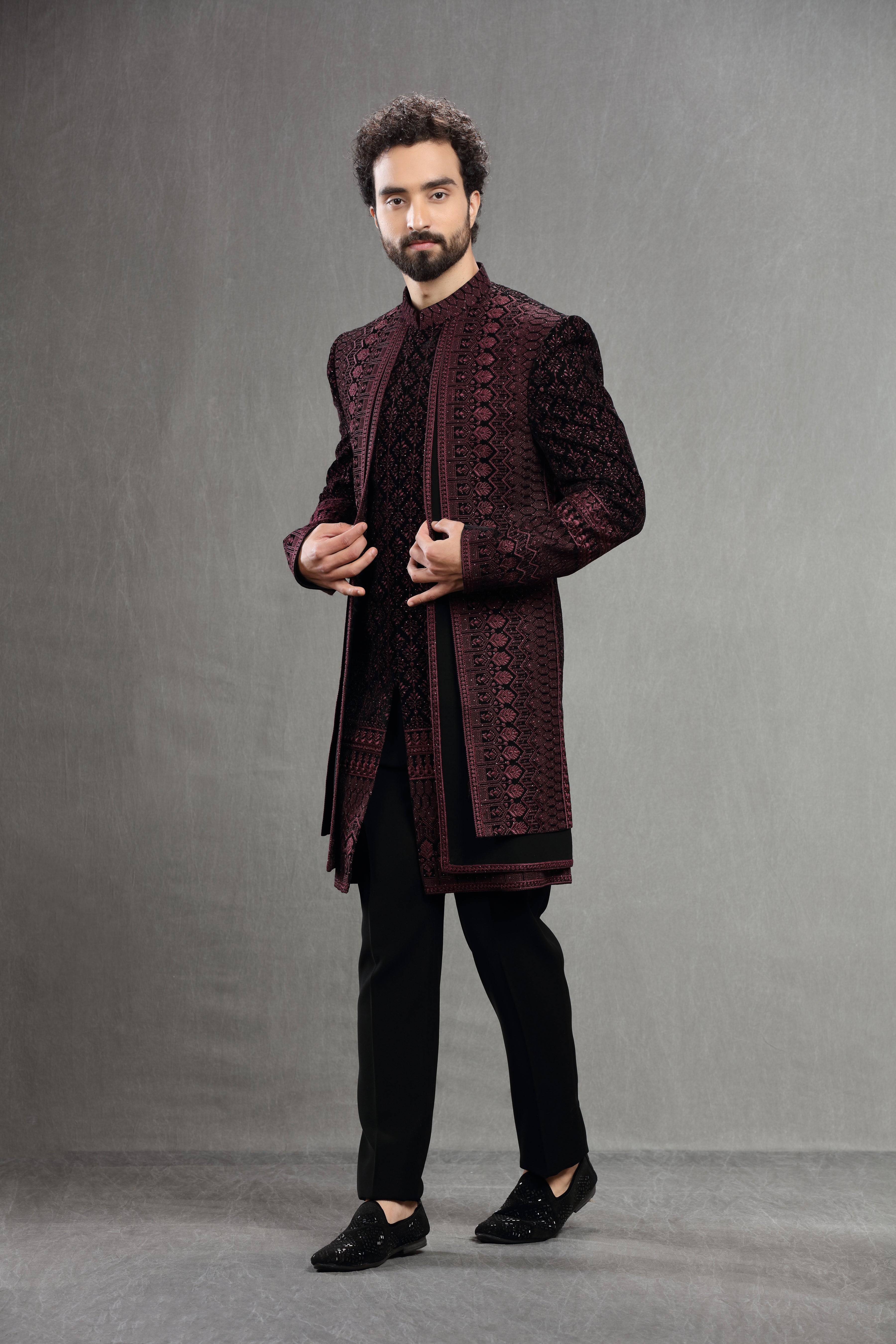 Wine Velvet Silk Indowestern With Resham Embroidery - Shreeman