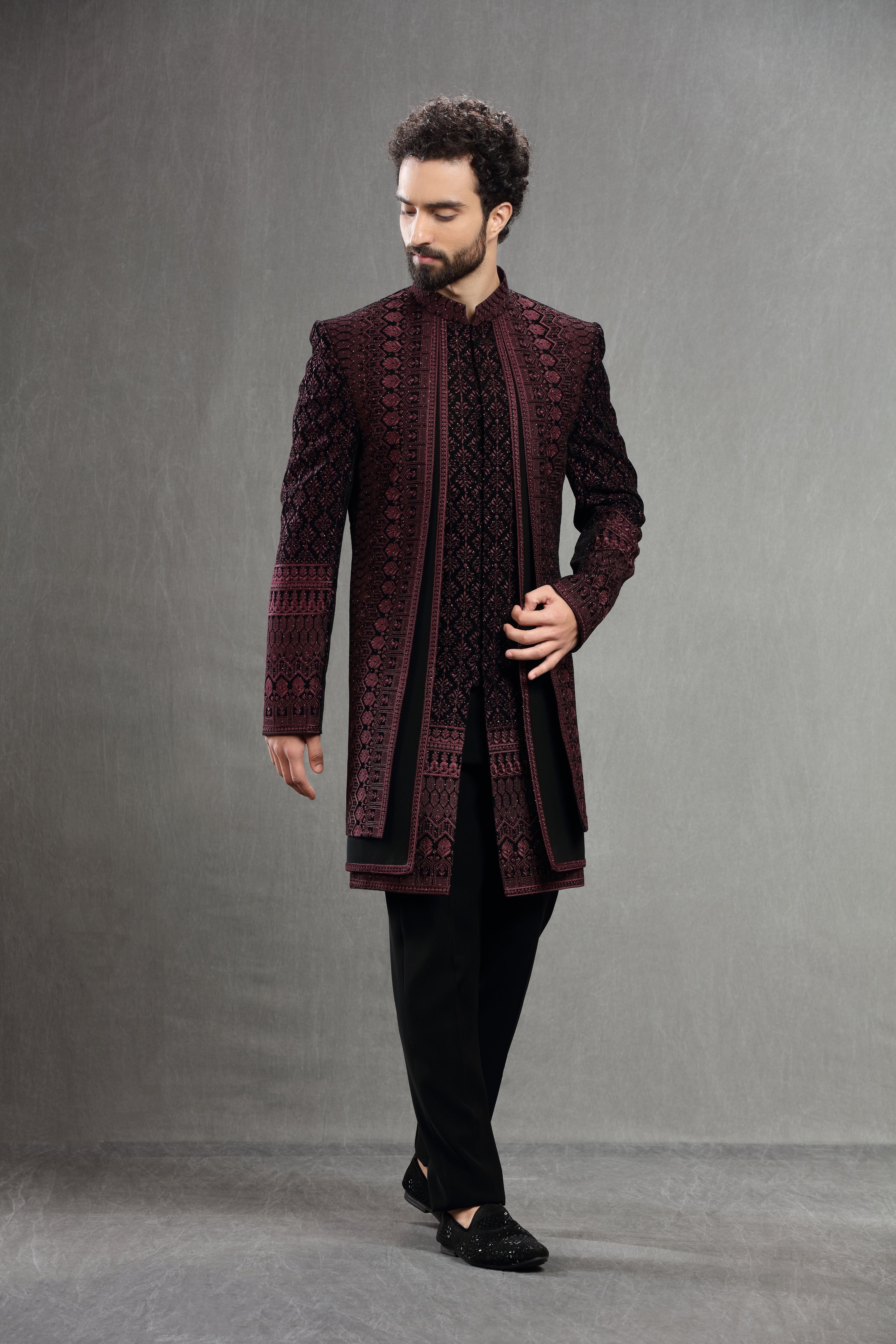 Wine Velvet Silk Indowestern With Resham Embroidery - Shreeman