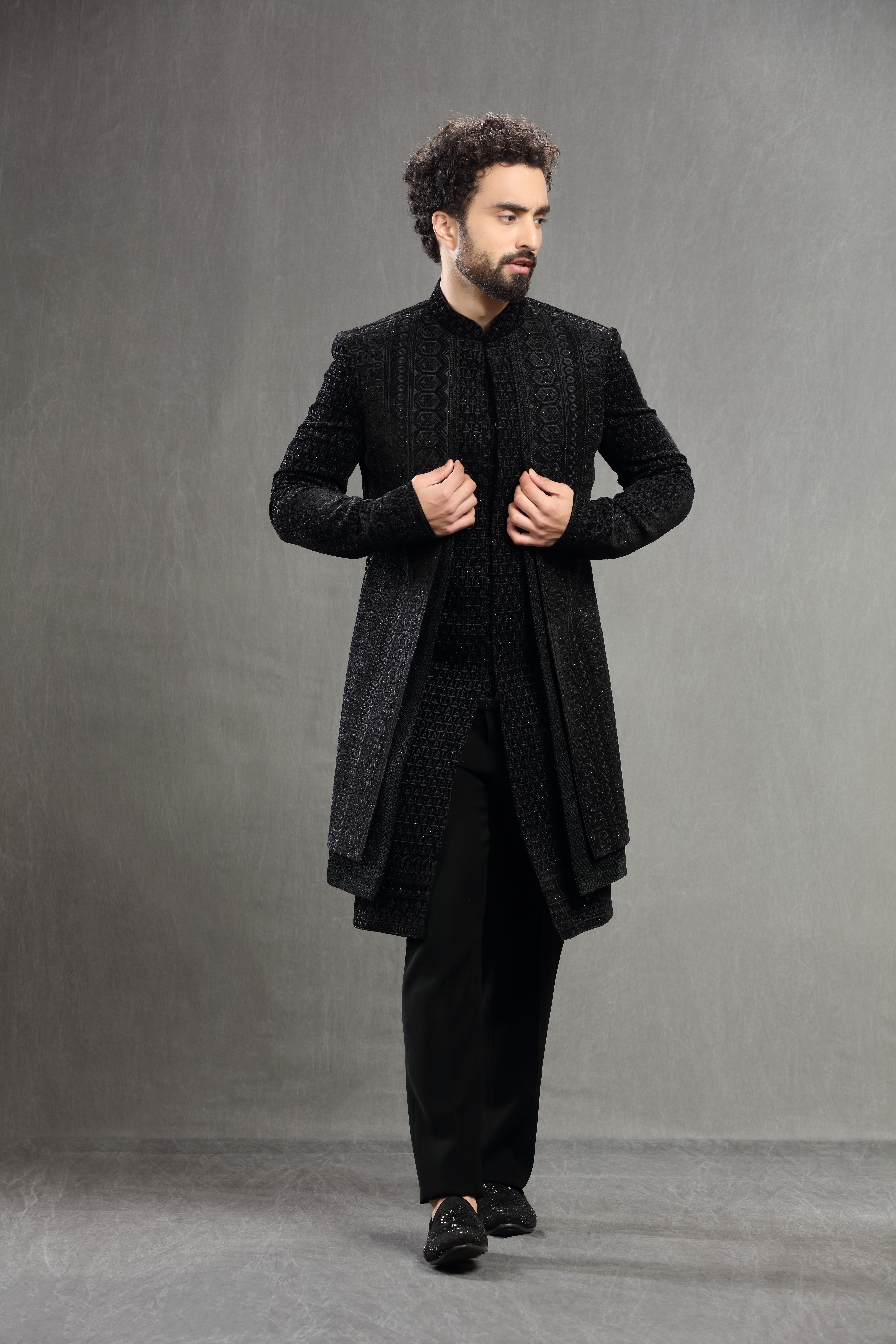 Black Velvet Silk Indowestern With Resham Embroidery - Shreeman