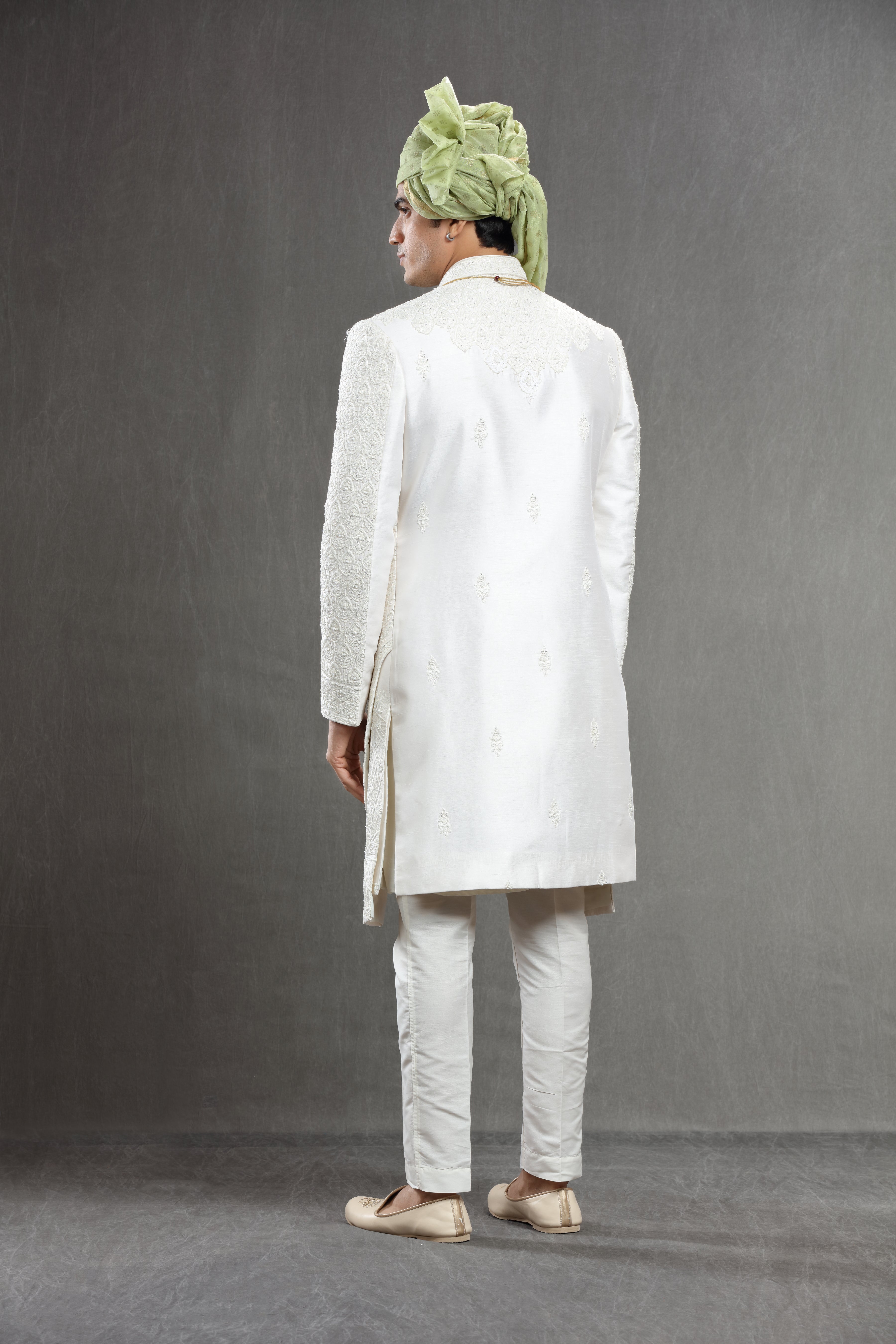 Ivory Silk emboidered double layred indowestern set - Shreeman