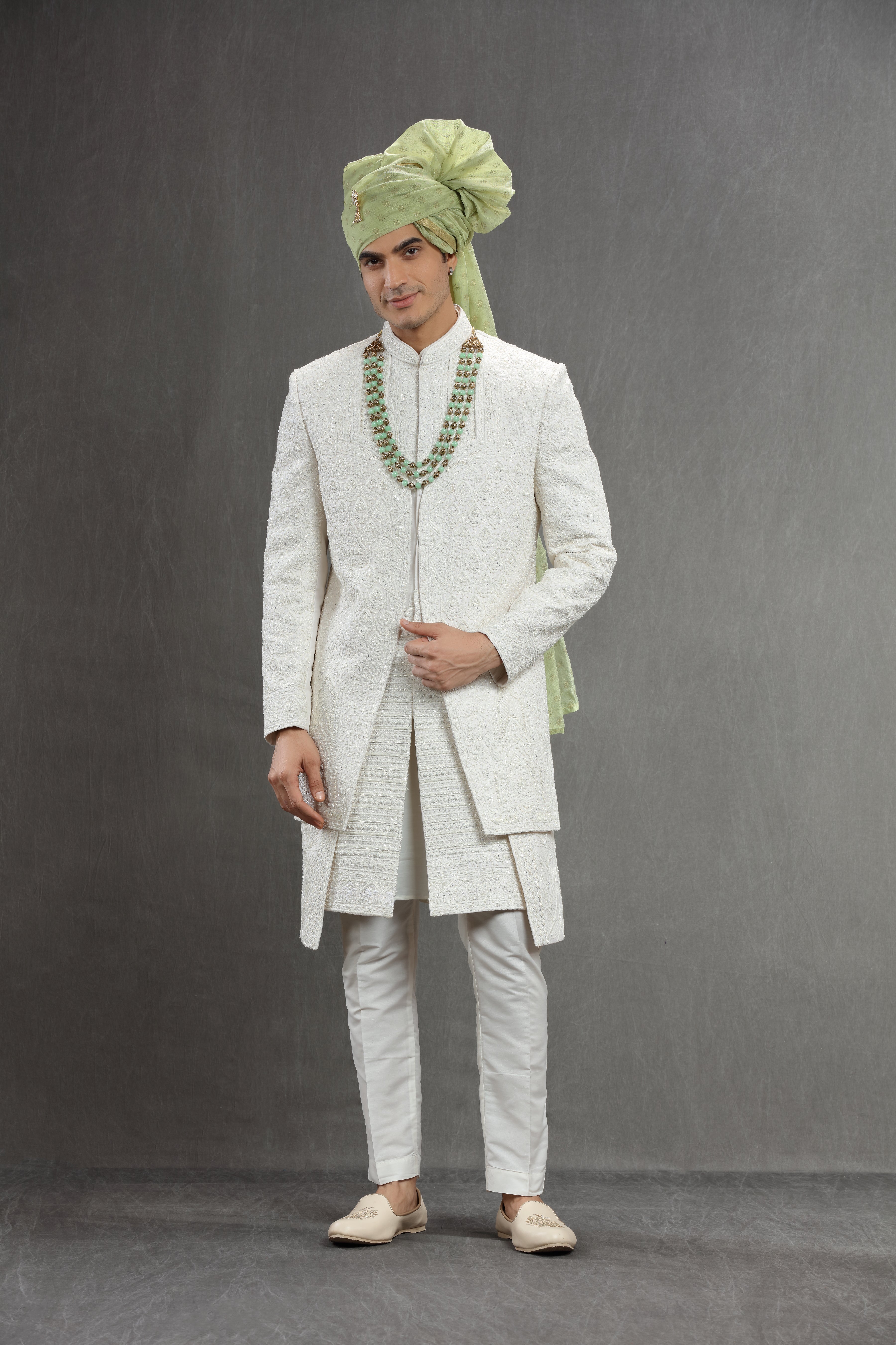 Ivory Silk emboidered double layred indowestern set - Shreeman